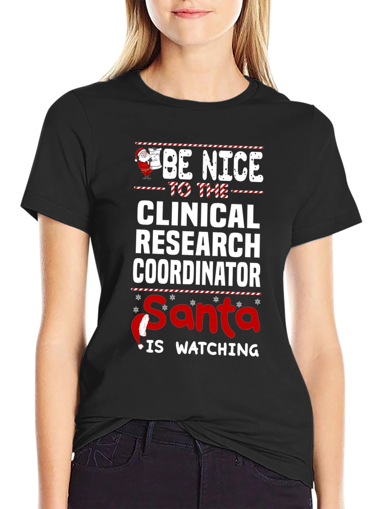 Black Clinical Research Coordinator Santa is Watching T-Shirt view 2
