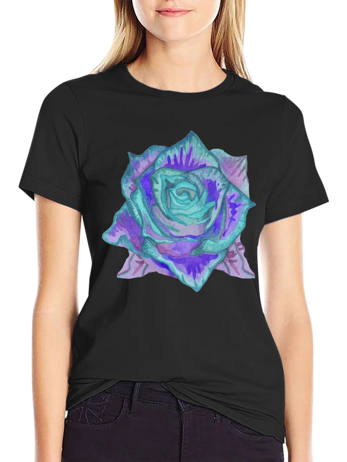 Black Watercolor Rose Print Black Tee view 2
