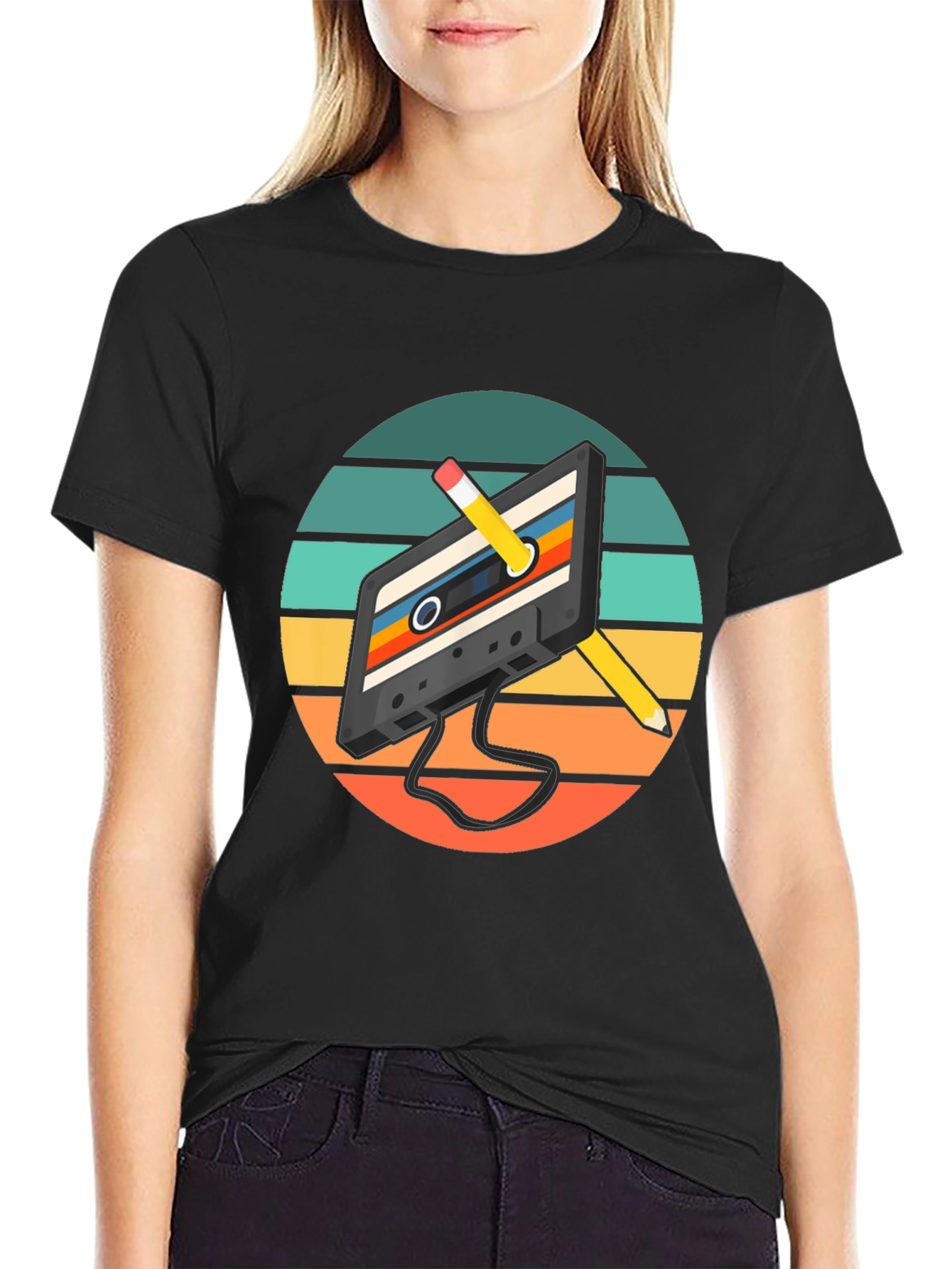Black Retro Cassette Tape & Pencil Graphic Tee view 2