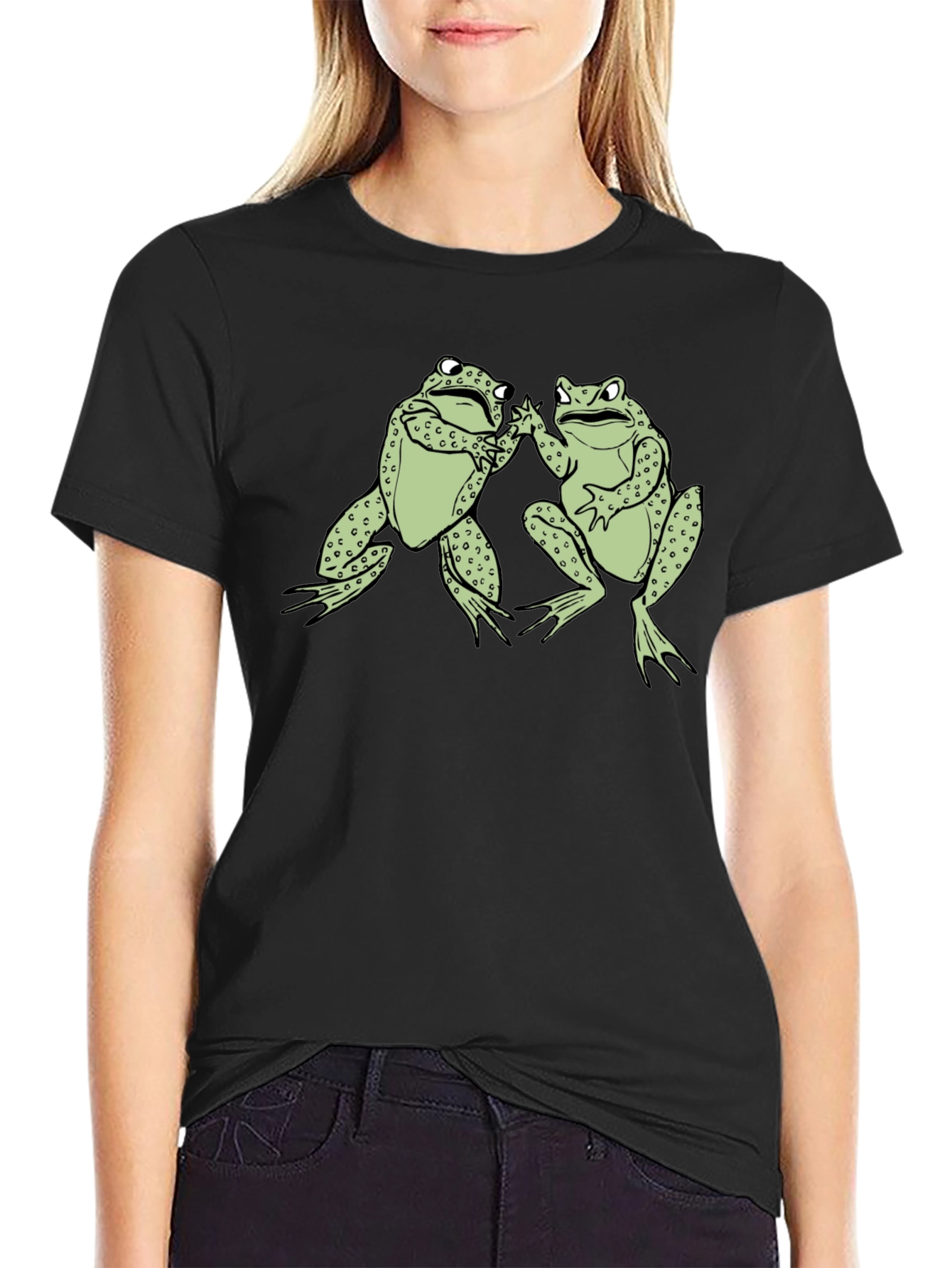 Black Funny Frog High Five Graphic Black T-Shirt view 2