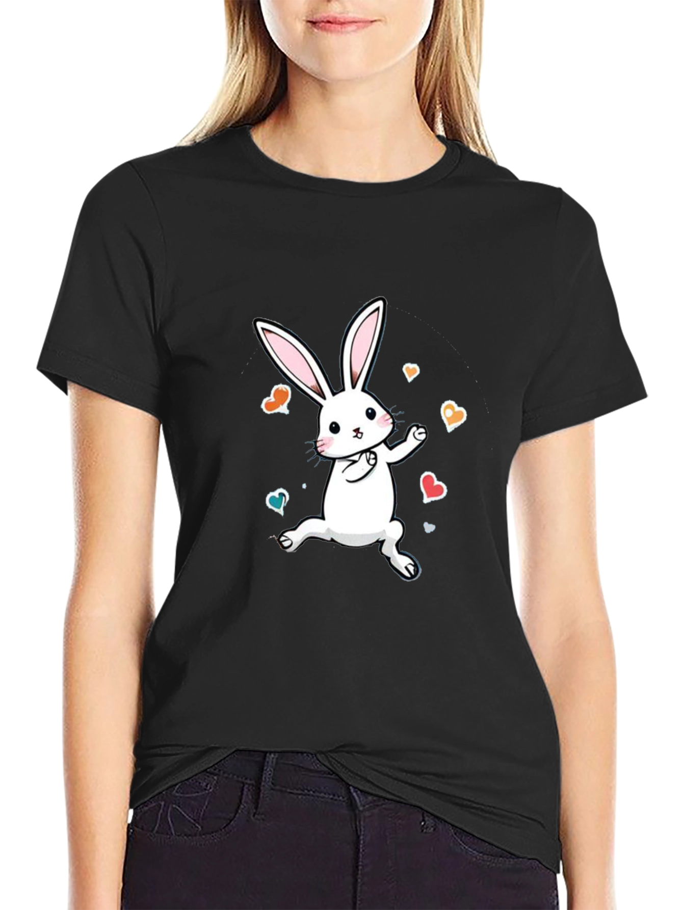 Black Cute Bunny Graphic Tee - Soft Cotton Comfort view 2