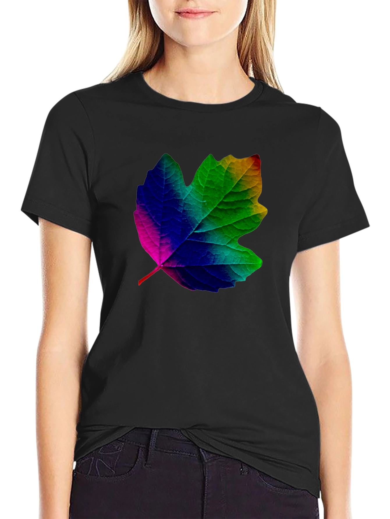 Black Rainbow Leaf Graphic T-Shirt - Unique Design view 2