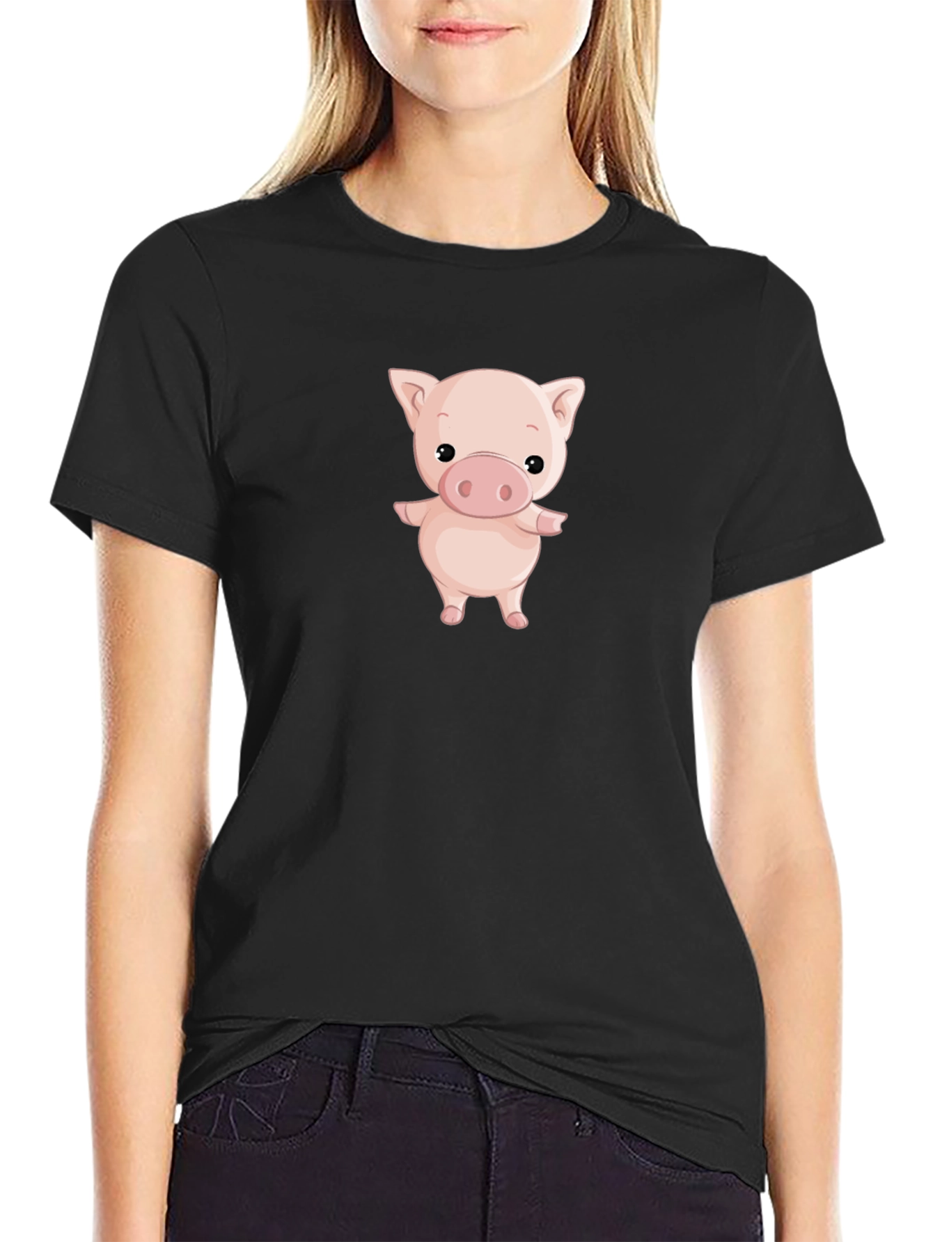 Black Cute Pig Graphic Black T-Shirt view 2