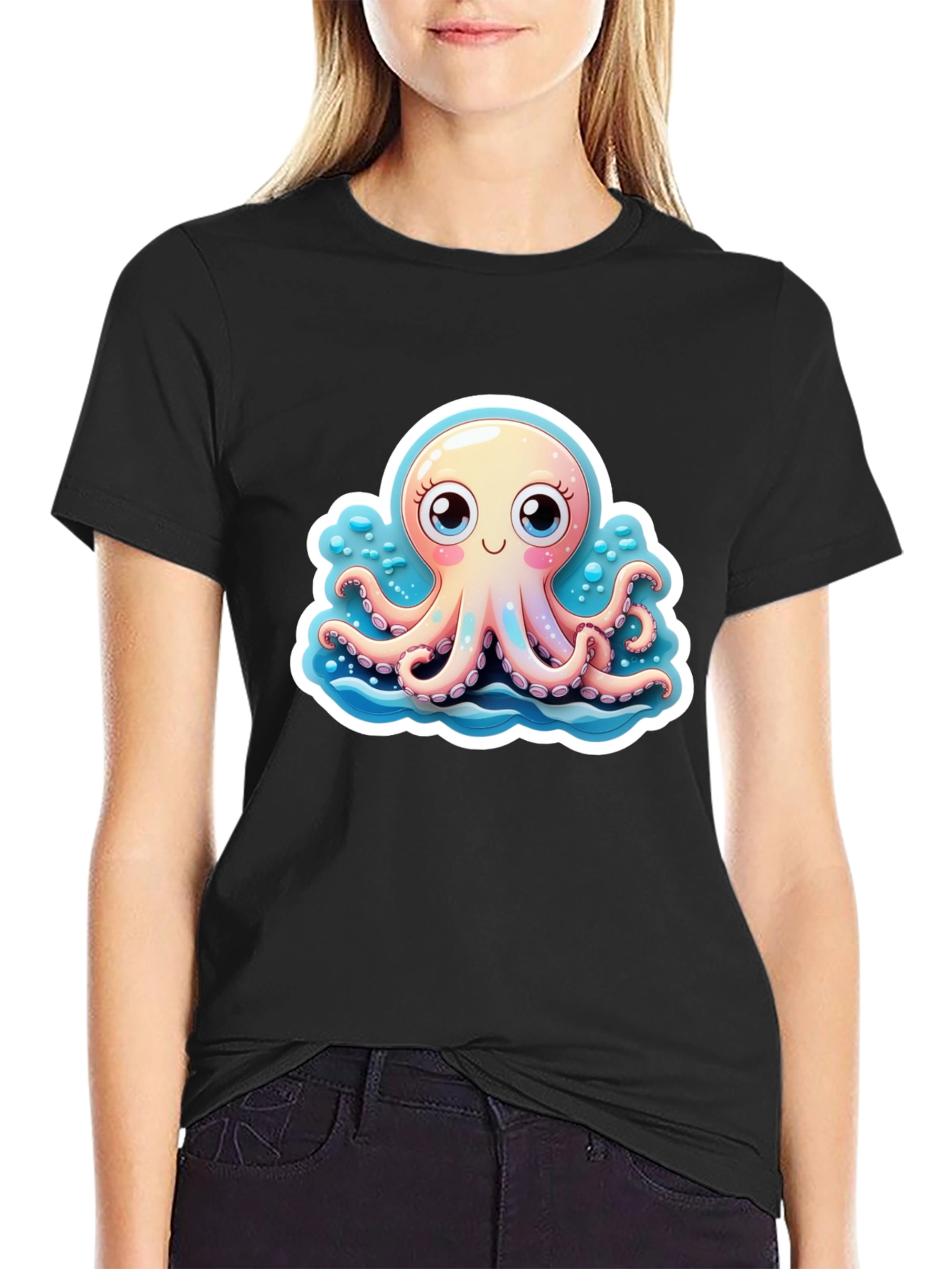 Black Cute Octopus Graphic Tee - Stylish Black T-Shirt view 2
