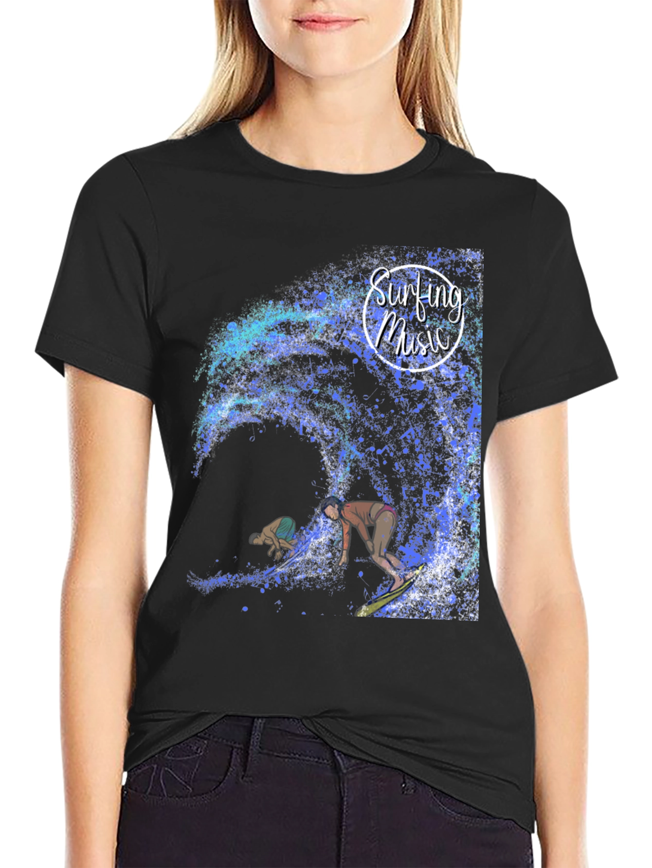 Black Surfing Music Graphic Tee - Wave Rider Shirt view 2