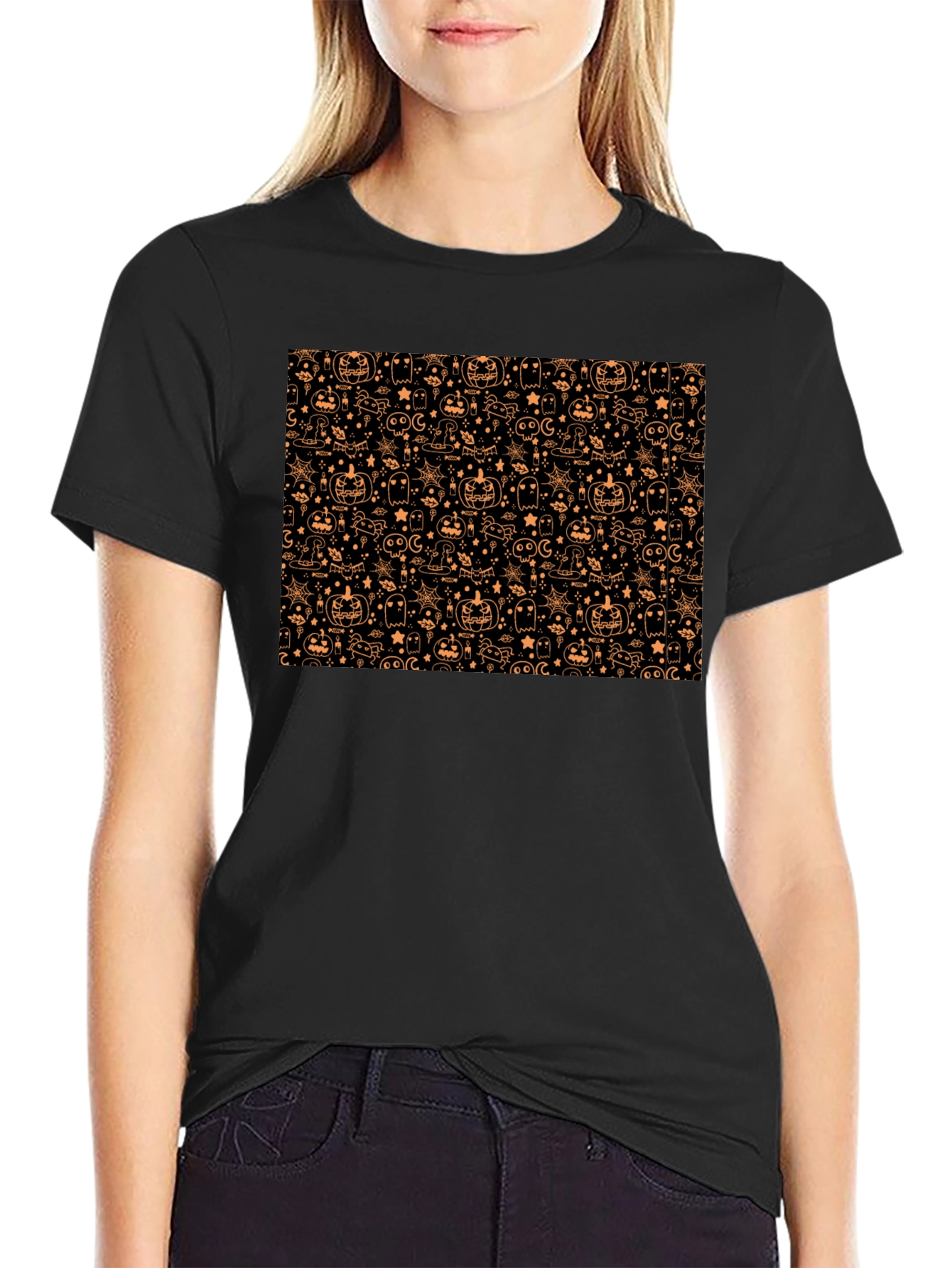 Black Halloween Pattern T-Shirt - Spooky Season Style view 2