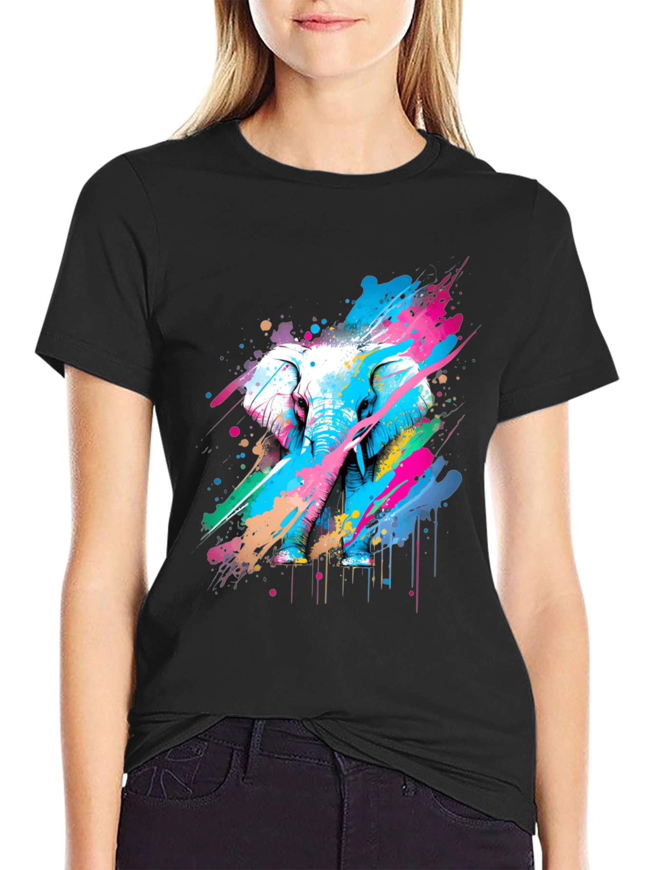Black Colorful Elephant Graphic T-Shirt - Artistic Design view 2
