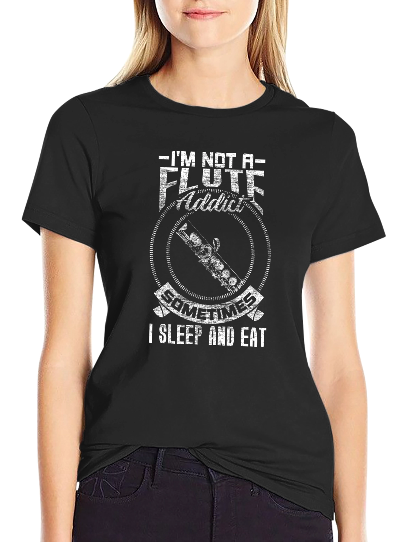 Black Flute Addict Graphic T-Shirt Funny Musician Tee view 2