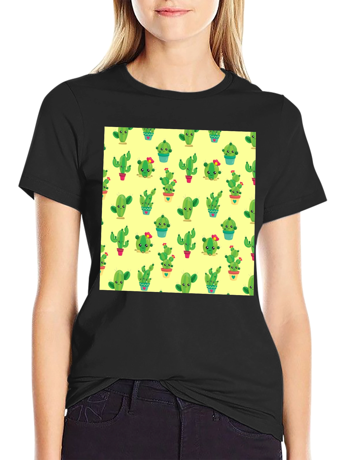Black Cactus Print Black T-Shirt - Trendy & Fun view 2