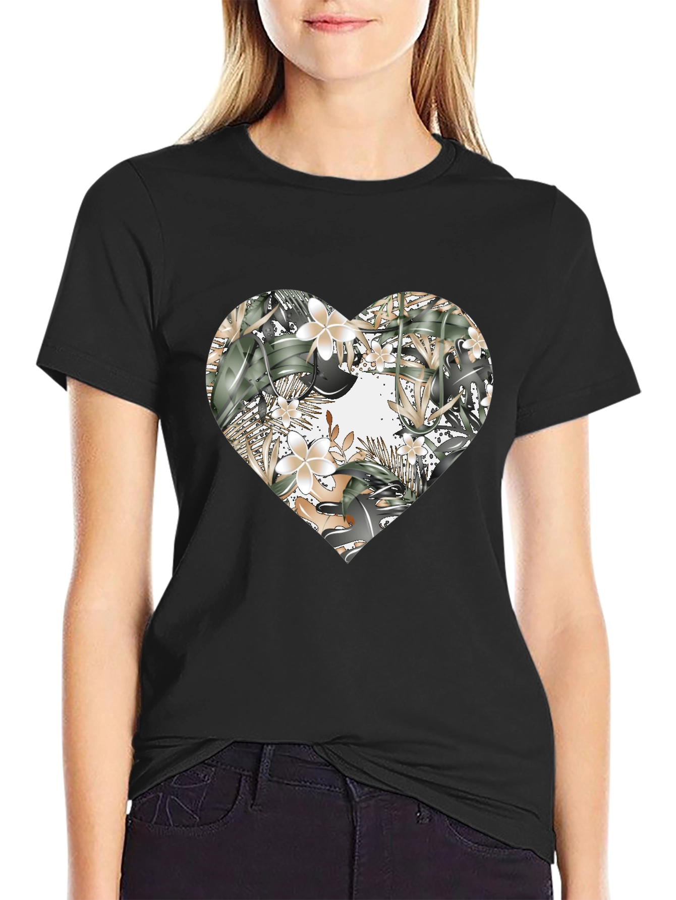 Black Floral Heart Graphic Tee - Stylish Black T-Shirt view 2