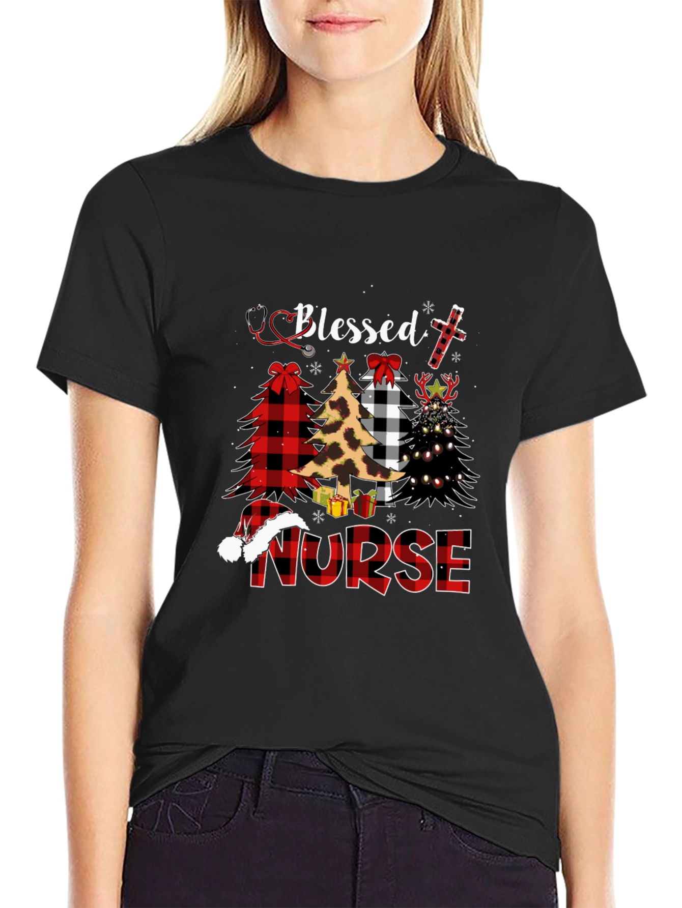 Black Blessed Nurse Christmas Tree Plaid T-Shirt view 2