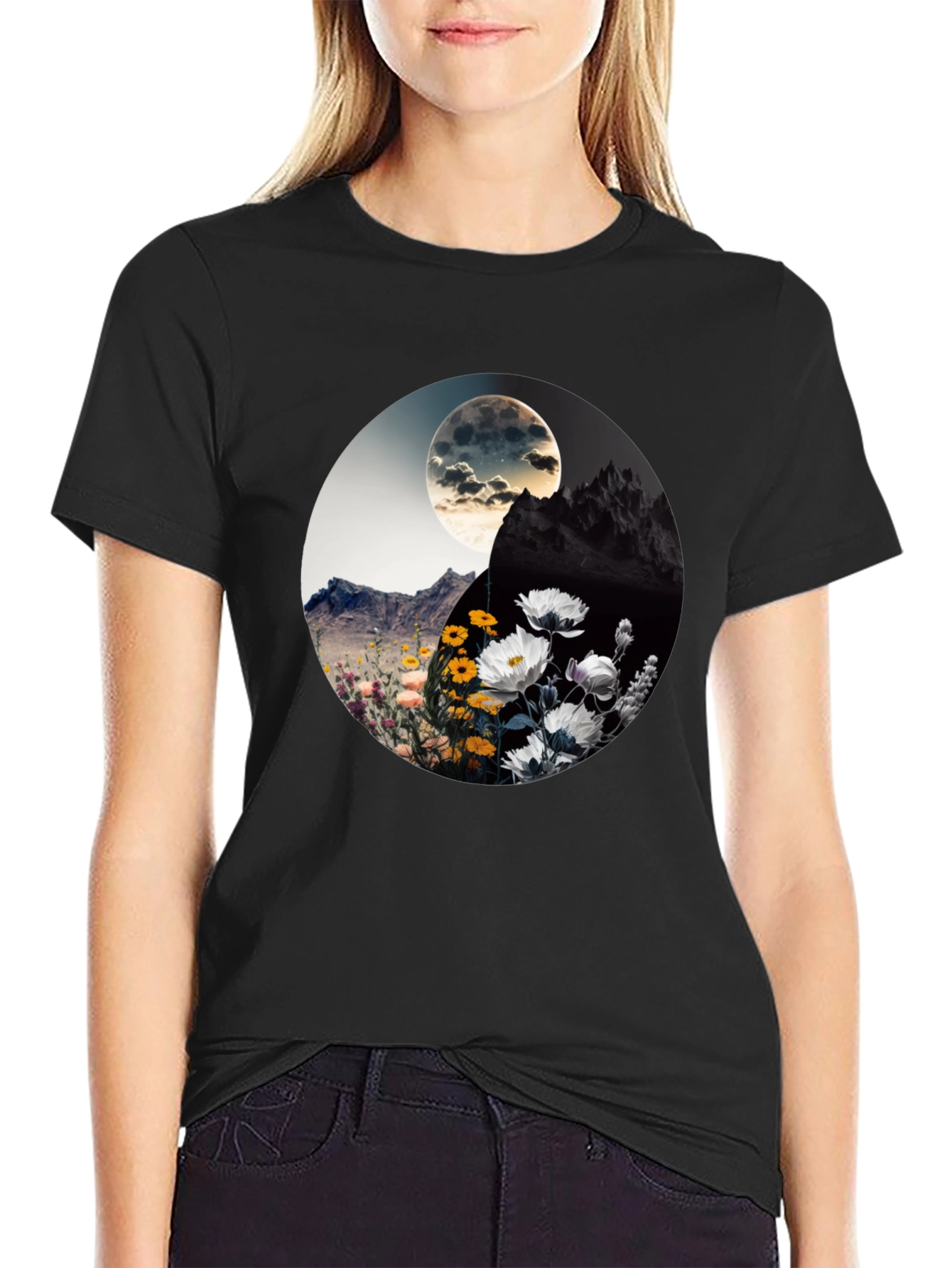 Black Yin Yang Floral Graphic Tee - Stylish Comfort view 2