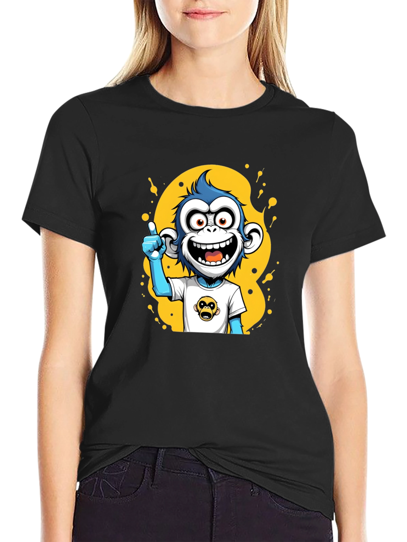 Black Cartoon Monkey Graphic Black T-Shirt view 2
