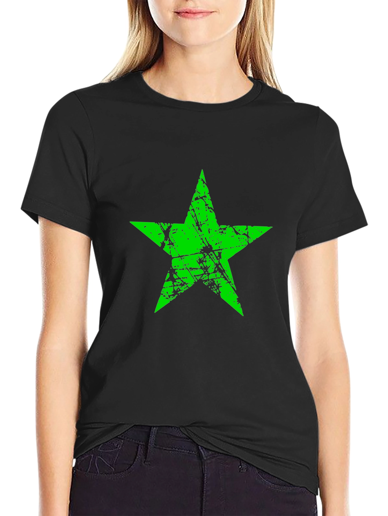 Black Grunge Green Star Graphic Black T-Shirt view 2