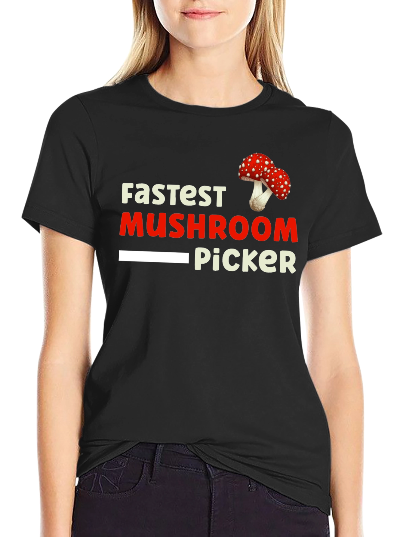 Black Fastest Mushroom Picker Graphic Tee view 2