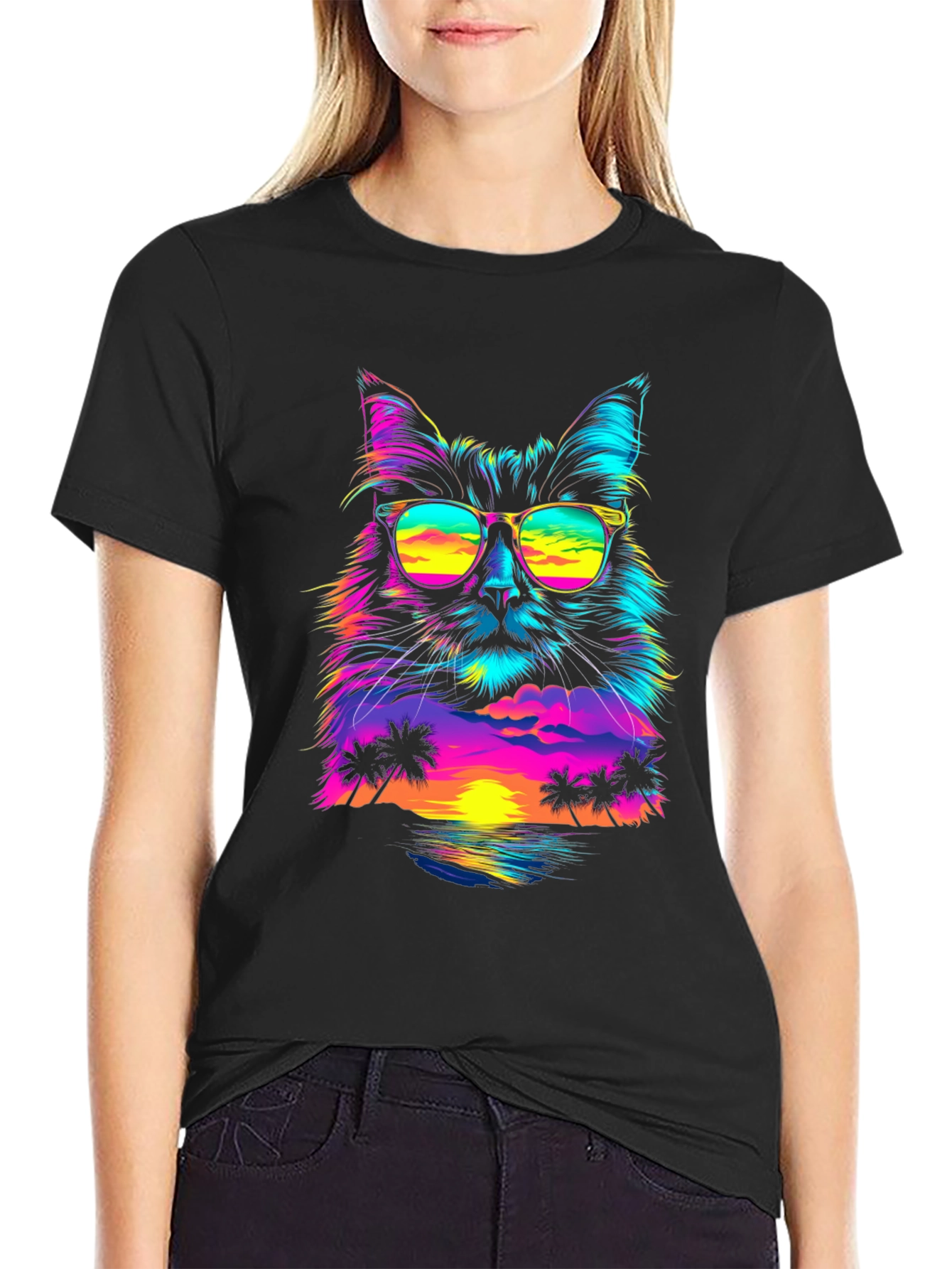 Black Retro Sunset Cat T-Shirt - Vibrant Graphic Tee view 2