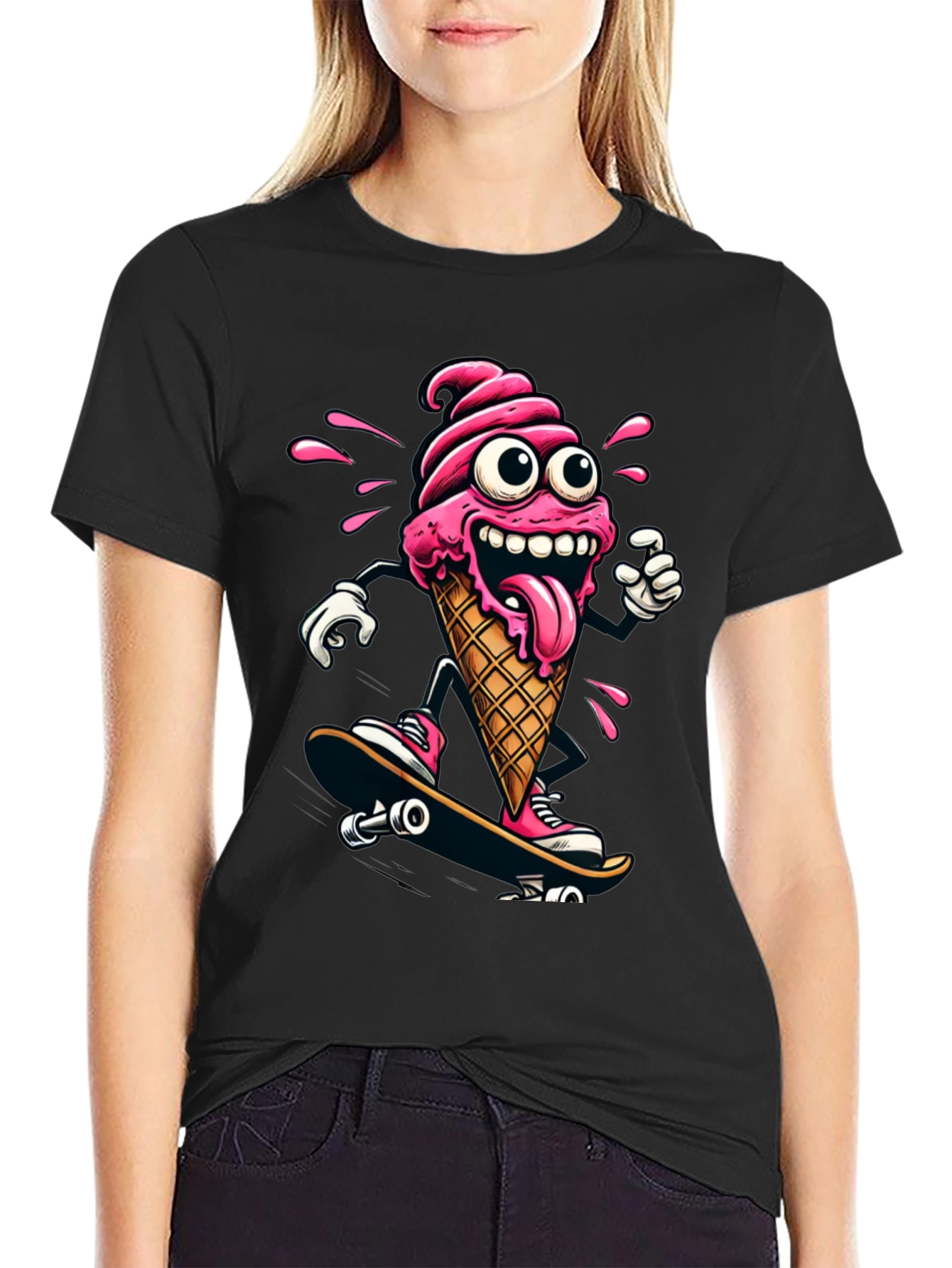 Black Skateboarding Ice Cream T-Shirt - Funny Cartoon Tee view 2