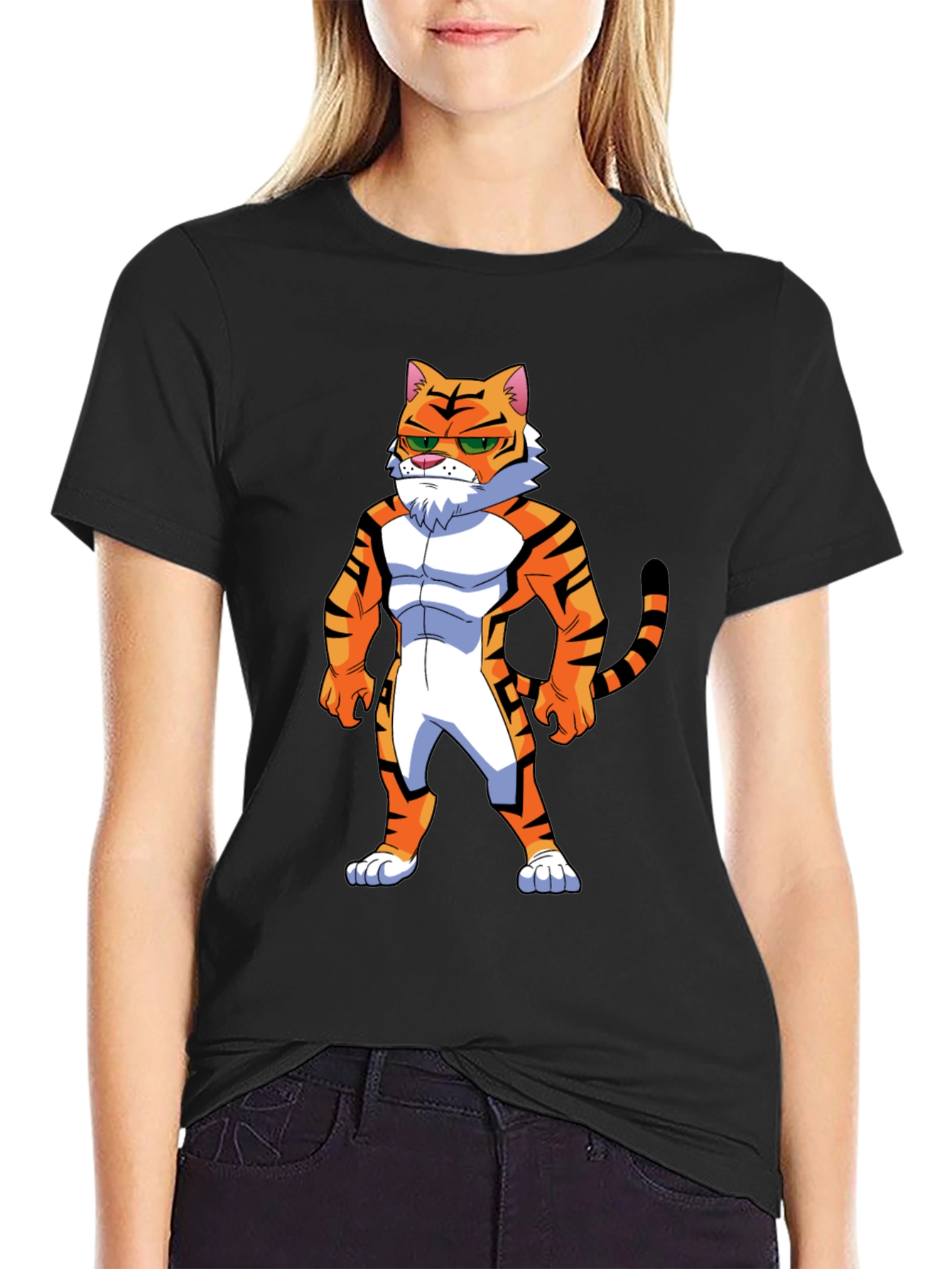 Black Men's Black T-Shirt with Cartoon Tiger Graphic view 2