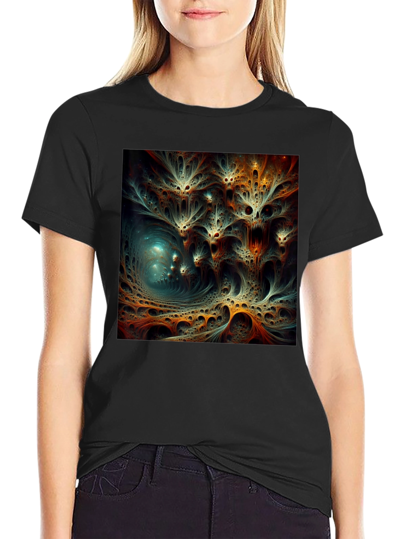 Black Abstract Fractal Design Black T-Shirt view 2