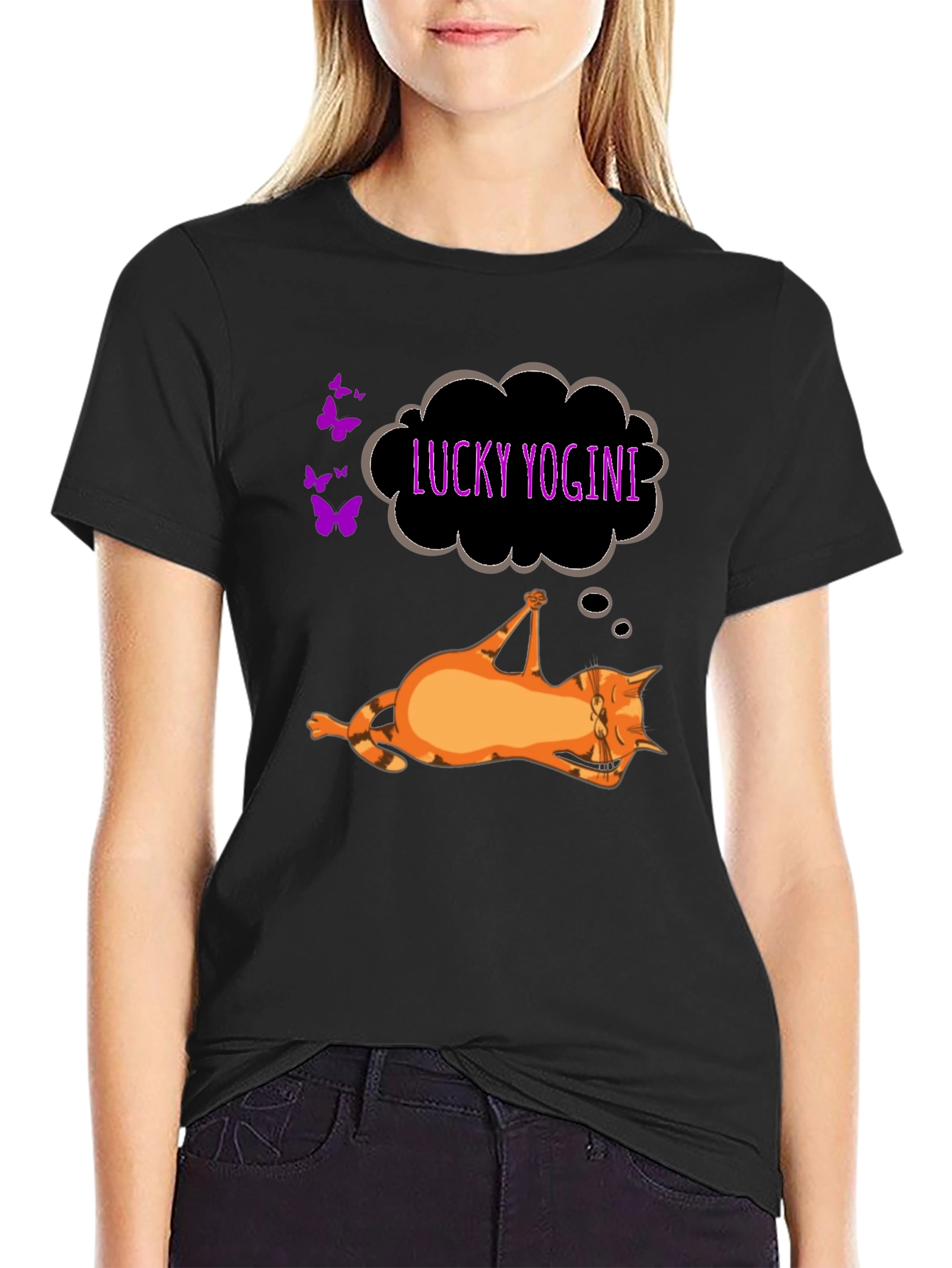 Black Lucky Yogini Cat Black T-Shirt view 2