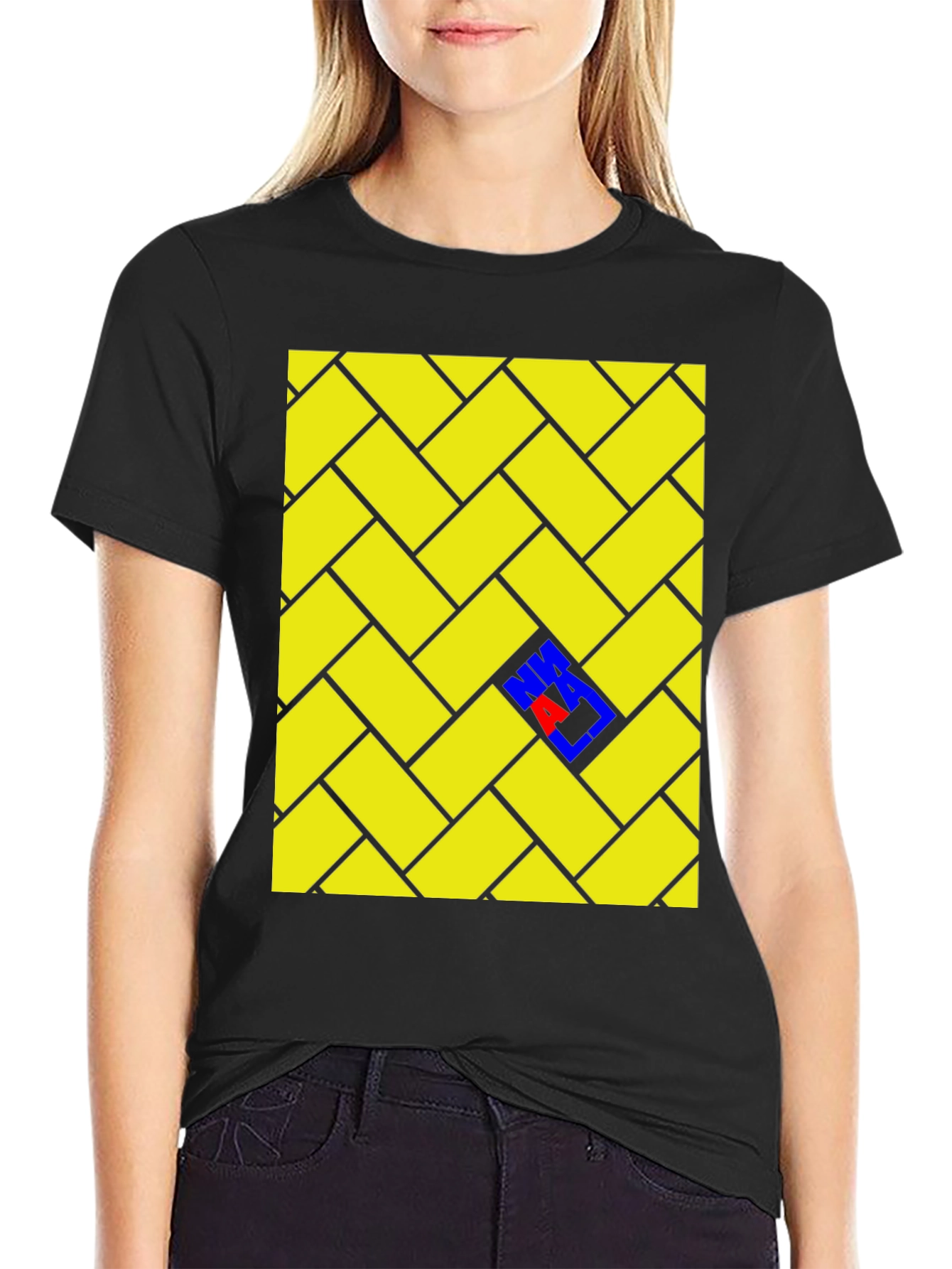 Black Herringbone Patterned T-Shirt with Color Accent view 2