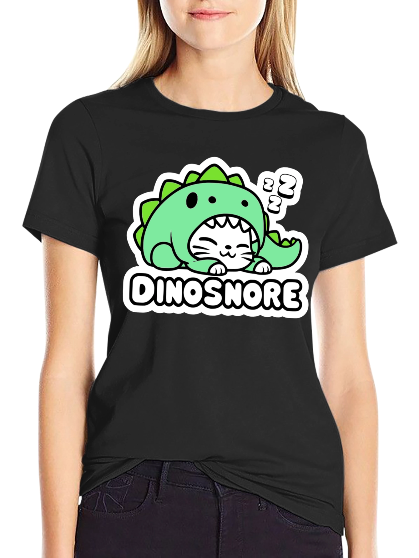 Black Dinosnore Cat T-Shirt - Funny Sleeping Dinosaur Tee view 2