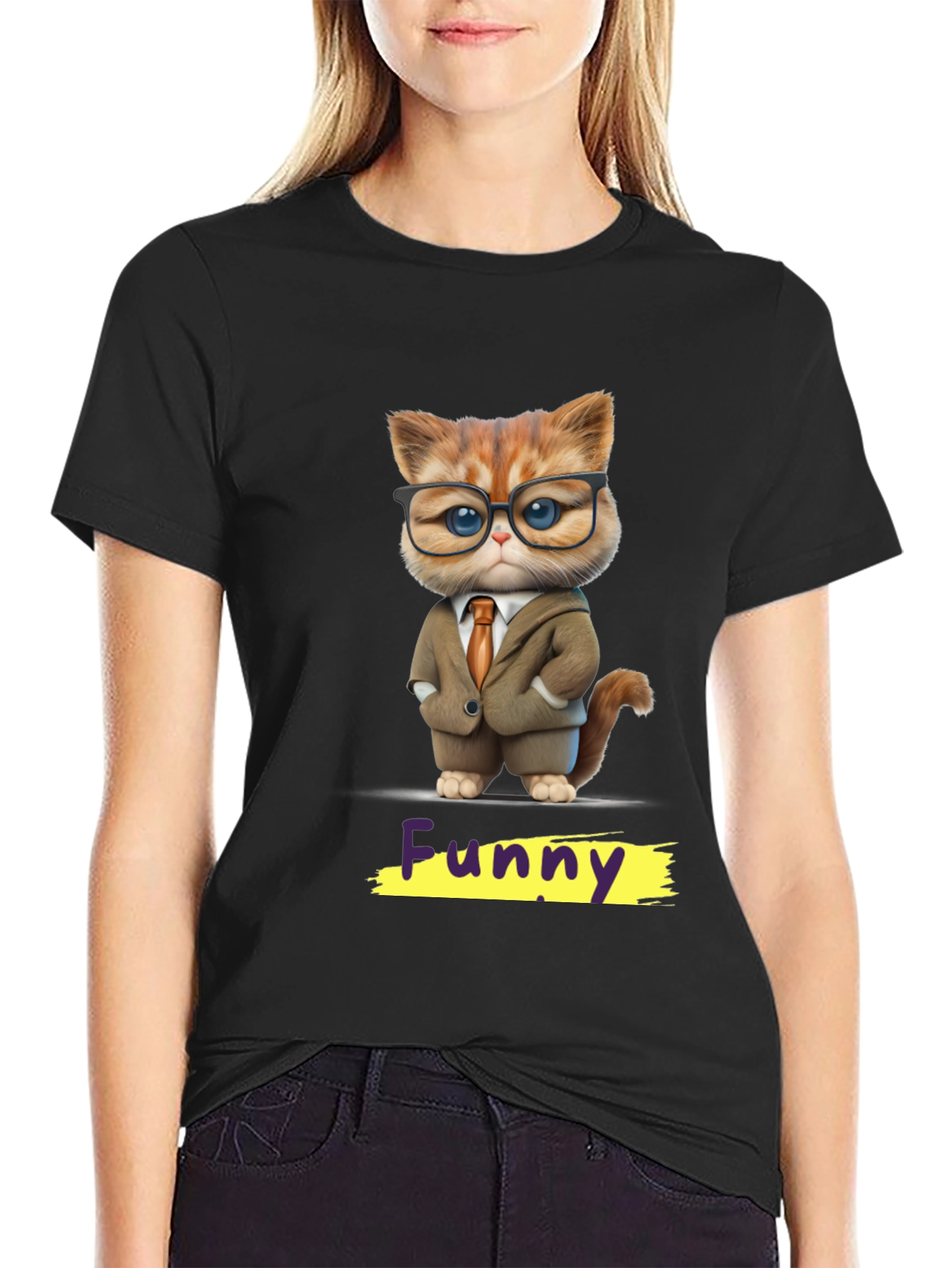 Black Funny Cat in Suit Graphic Tee view 2