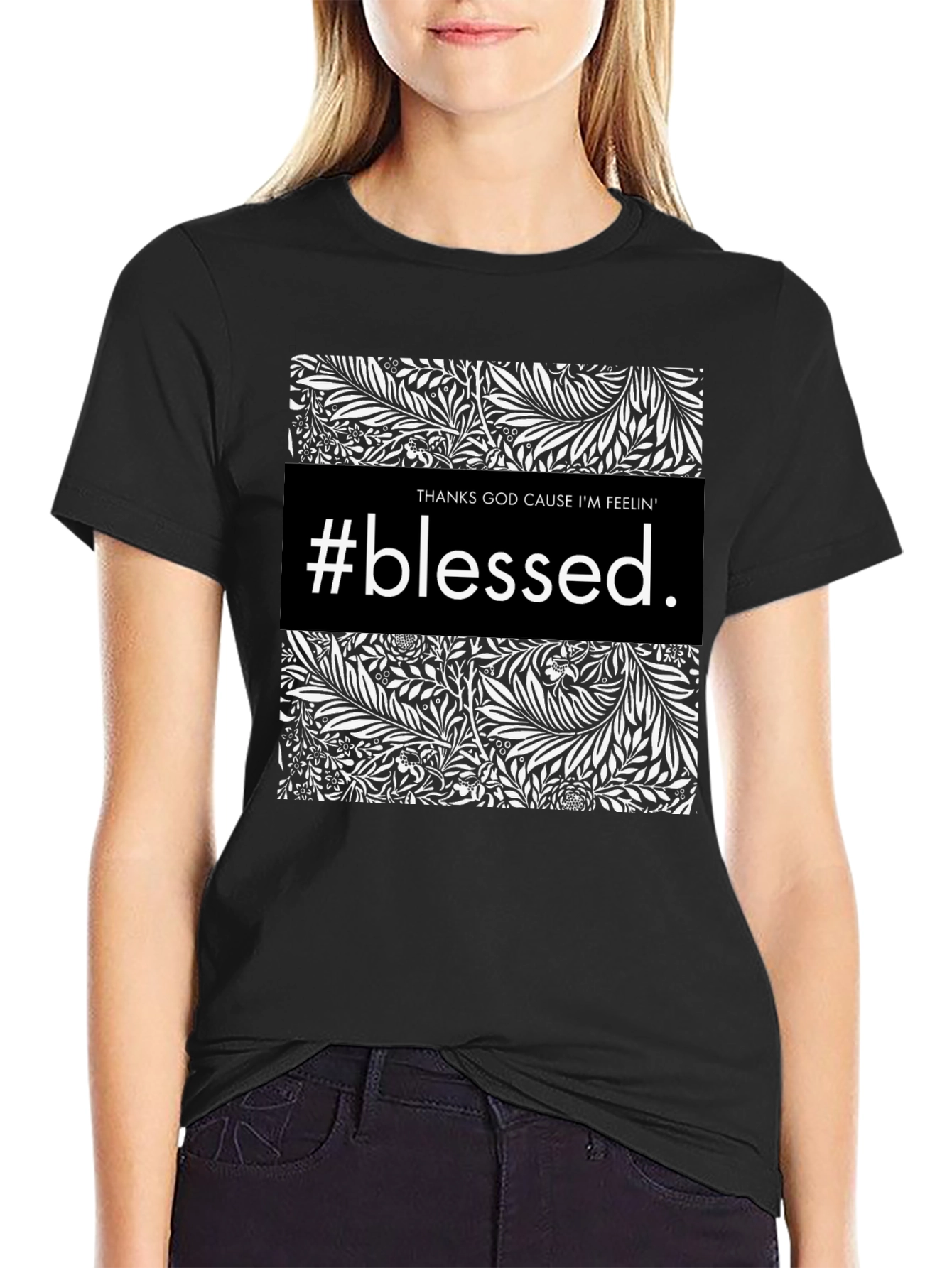 Black #Blessed Graphic Print Black Crewneck T-Shirt view 2