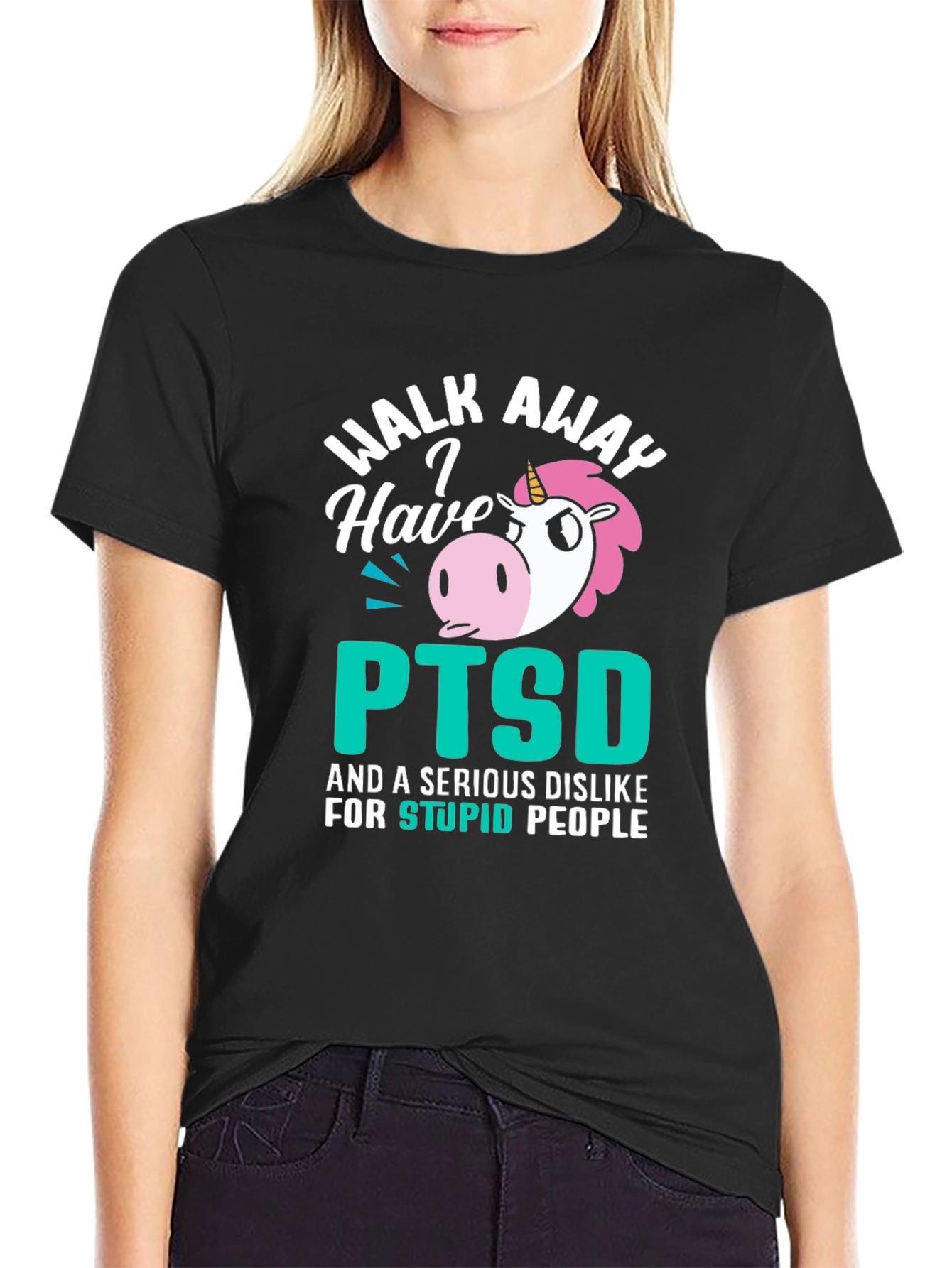 Black Walk Away PTSD Unicorn Graphic T-Shirt view 2