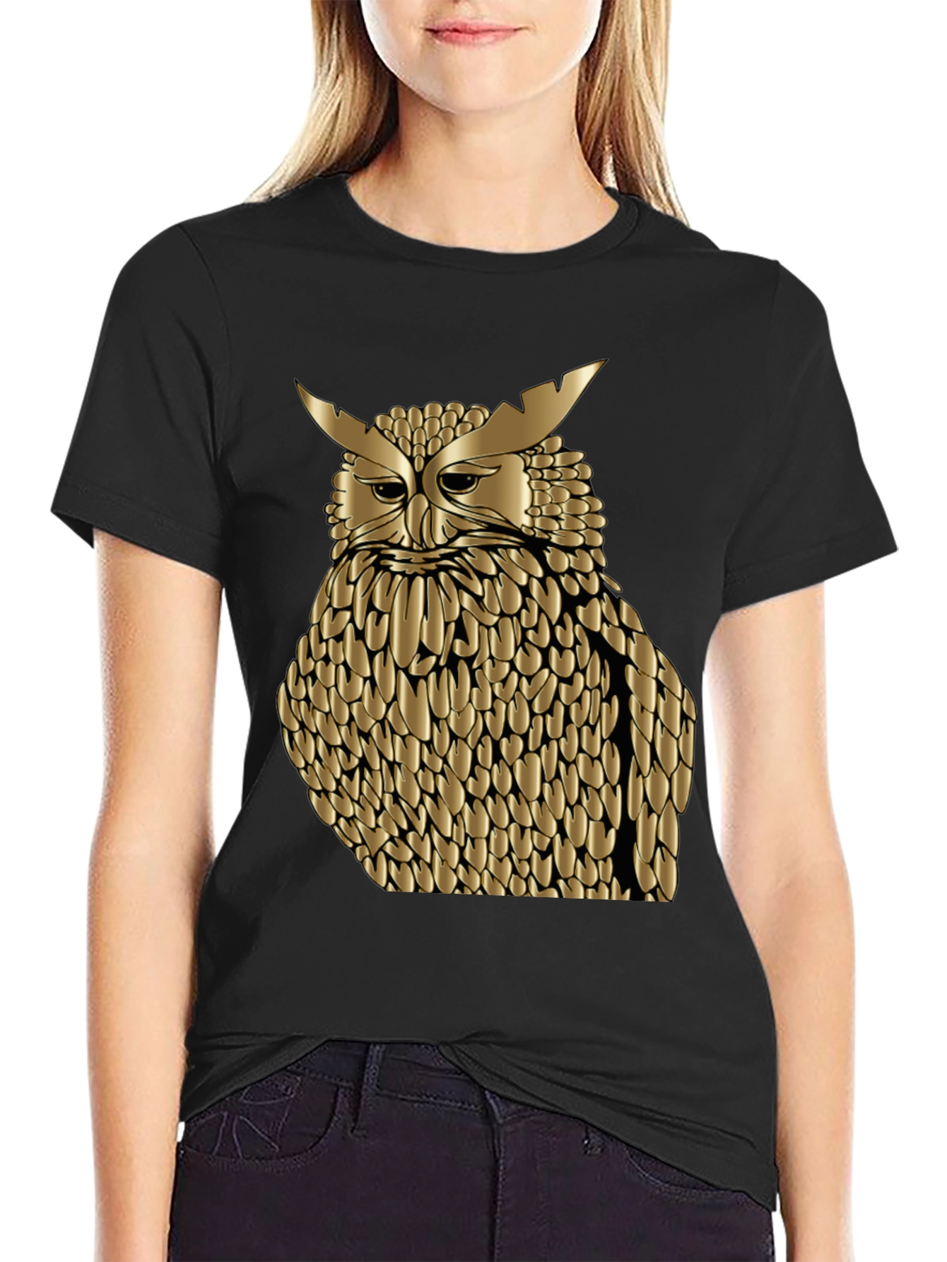 Black Golden Owl Graphic Tee - Black Cotton Blend Shirt view 2