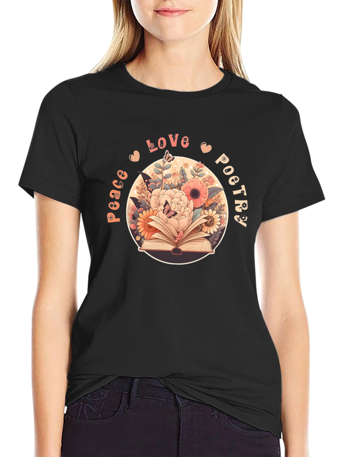 Black Peace Love Poetry T-Shirt - Floral Book Design view 2