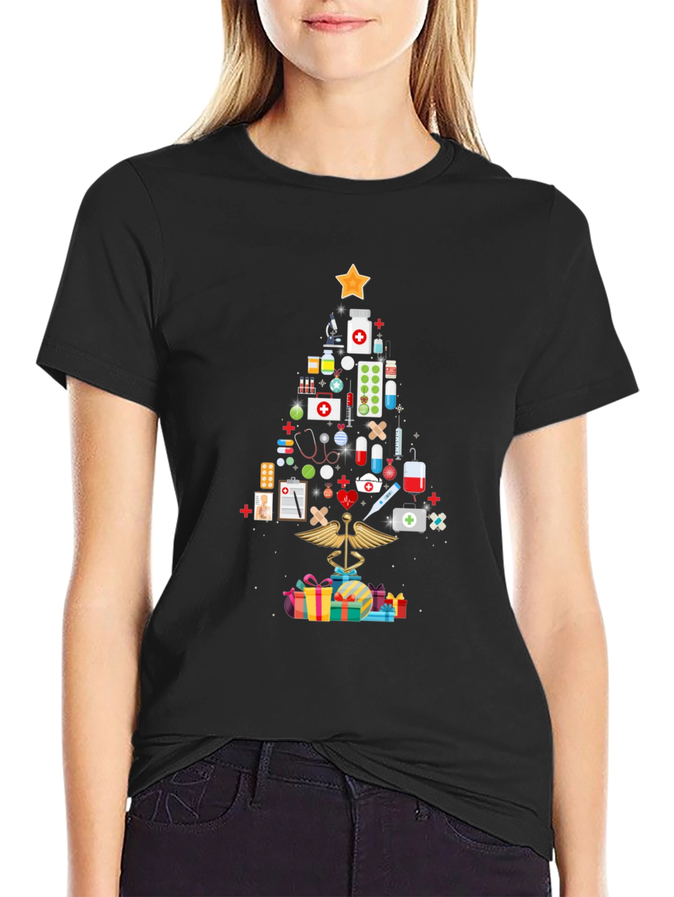 Black Medical Christmas Tree T-Shirt view 2