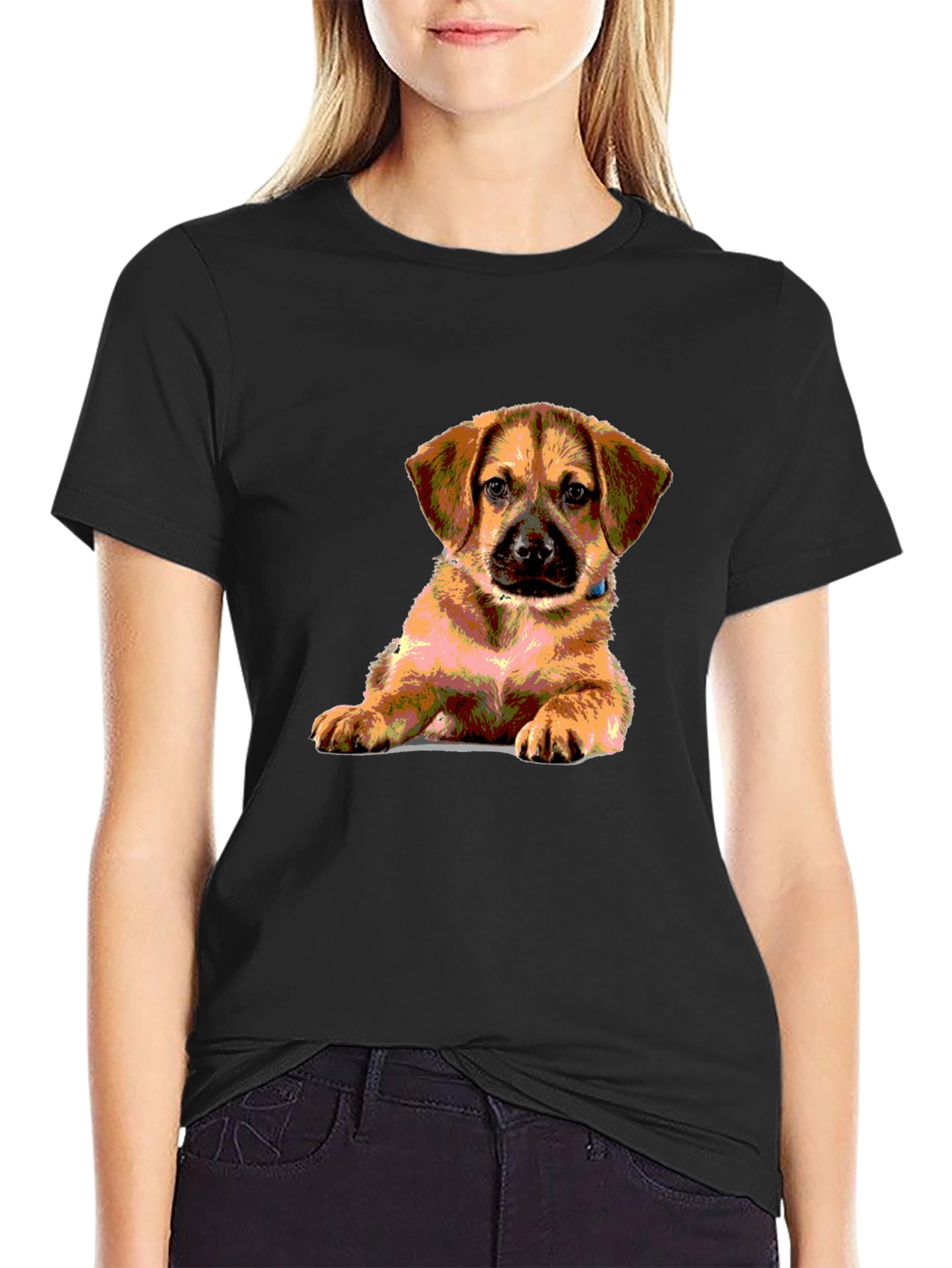 Black Puppy Print Black T-Shirt - Cute Dog Lover Tee view 2