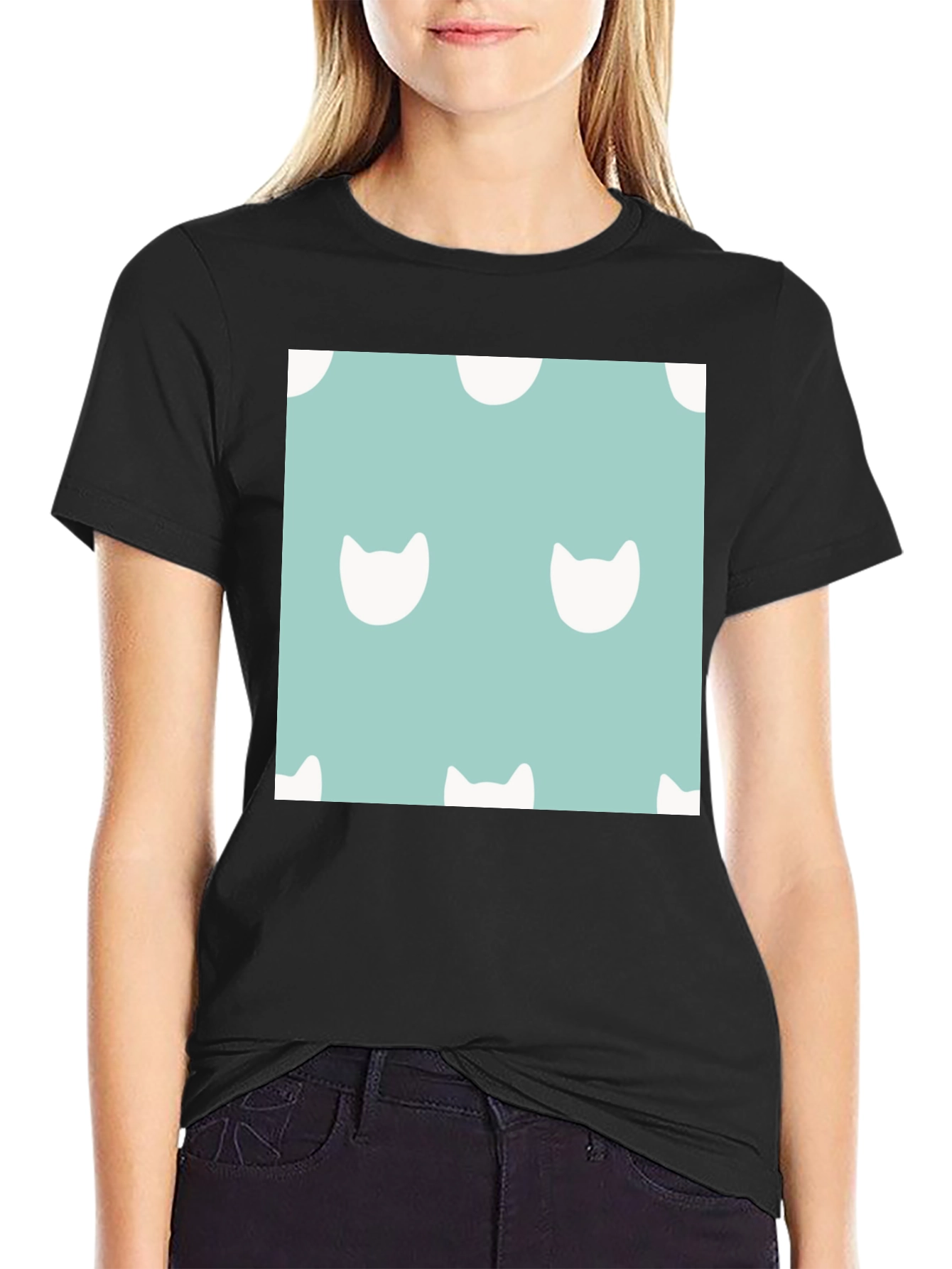 Black Cute Cat Pattern T-Shirt view 2