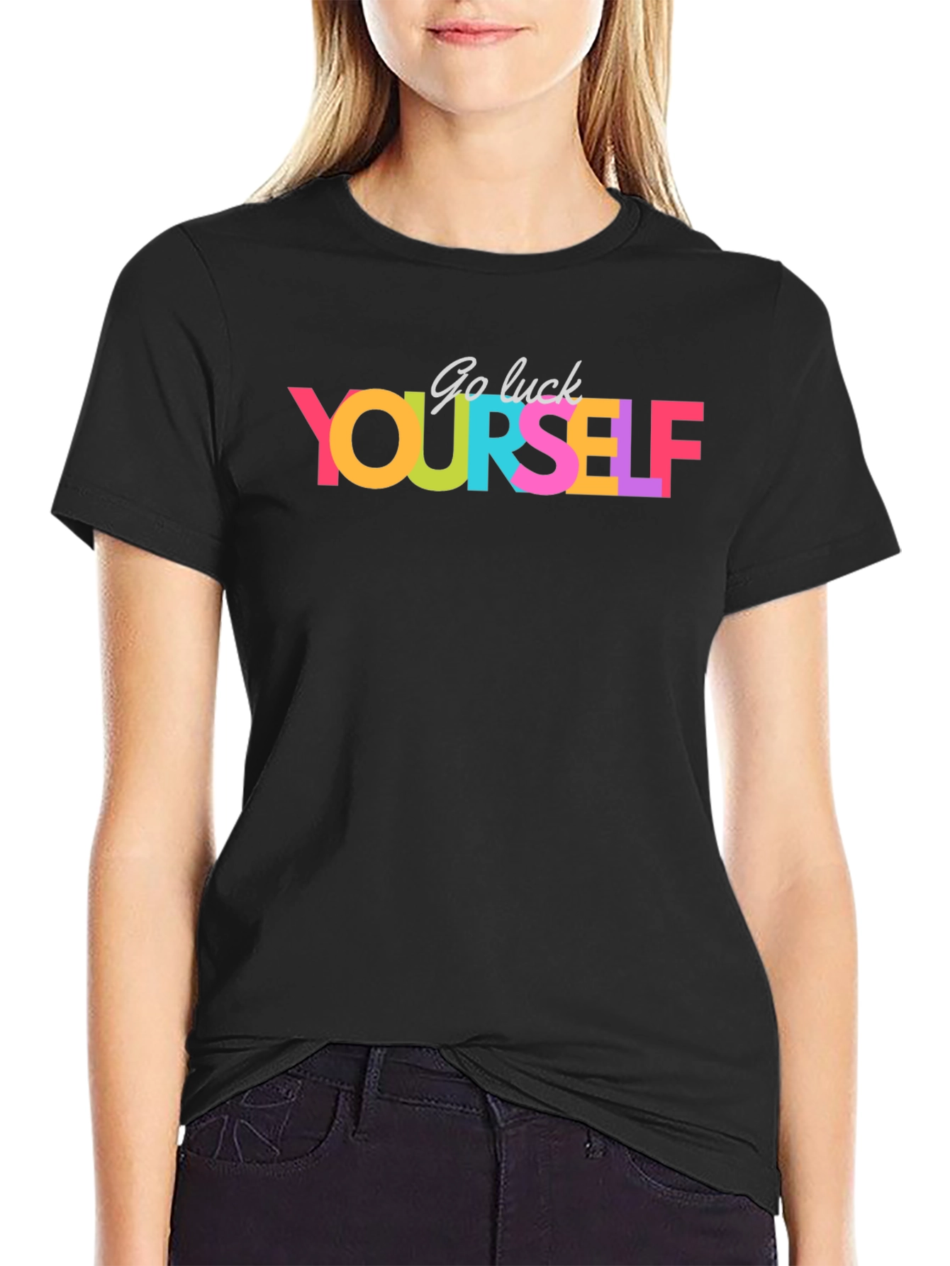 Black Go Luck Yourself Colorful Graphic T-Shirt view 2