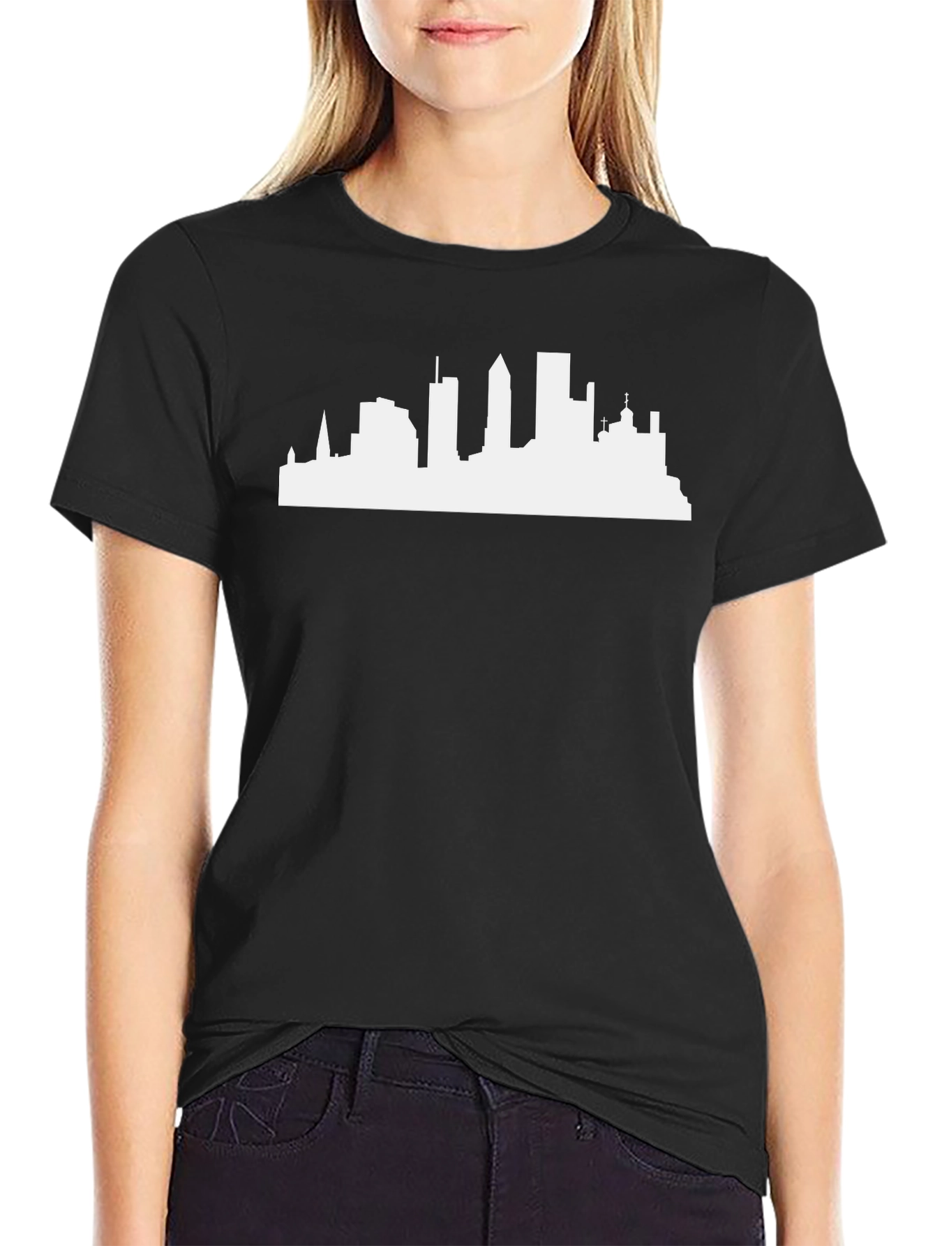 Black Cityscape Silhouette Tee - Classic Black Cotton T-Shirt view 2
