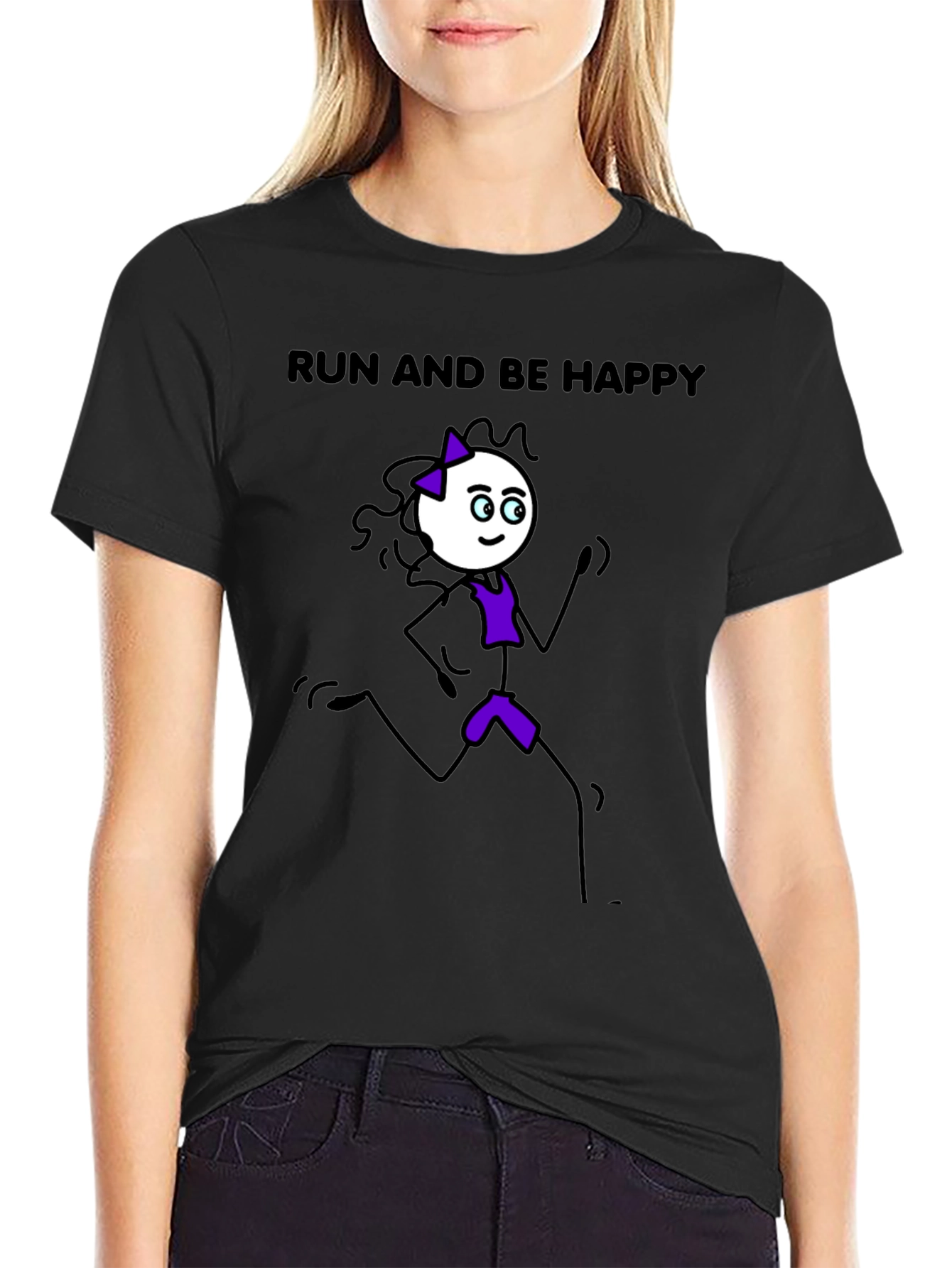 Black Run and Be Happy T-Shirt - Stick Figure Design view 2
