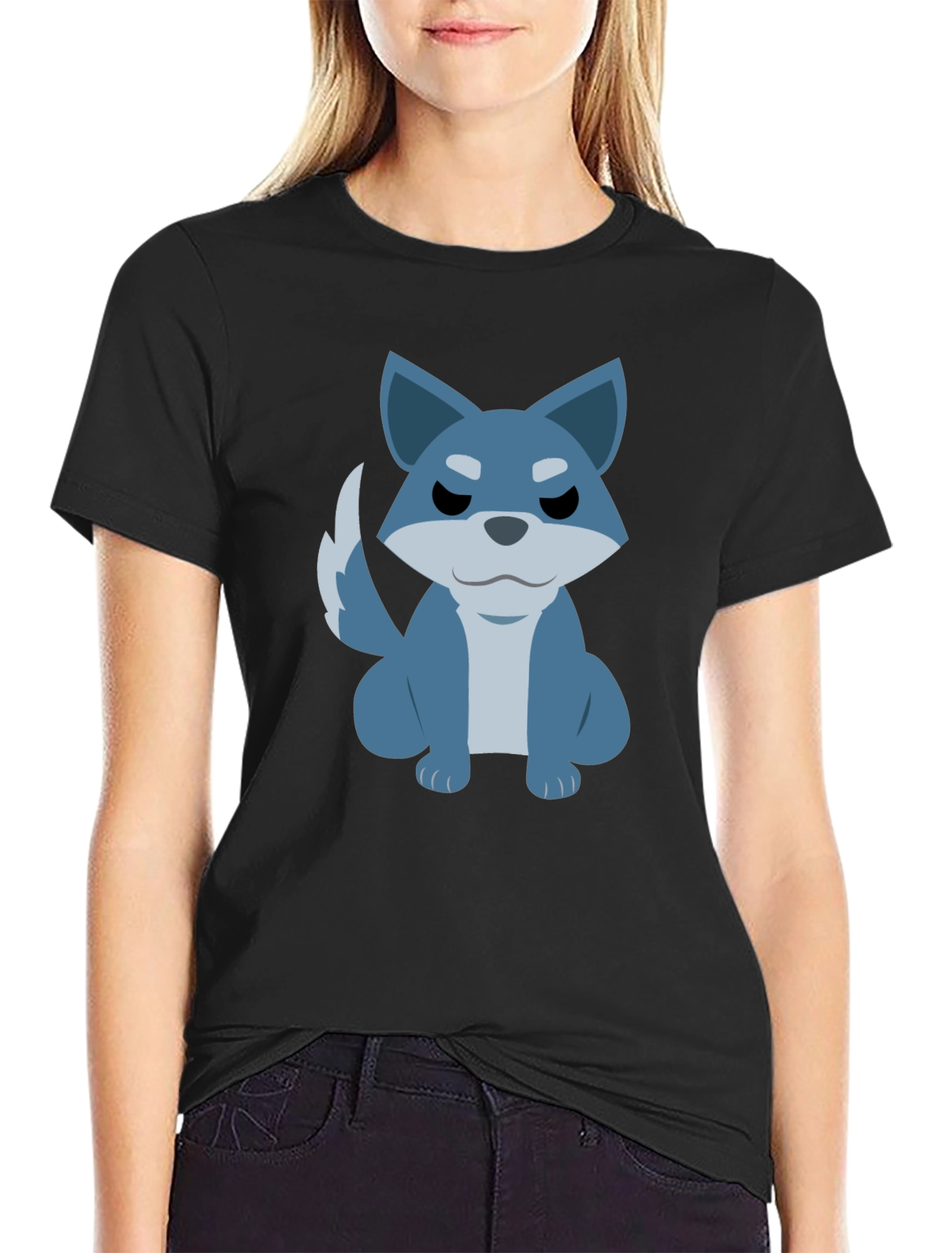 Black Cartoon Wolf Graphic Tee - Casual Black T-Shirt view 2