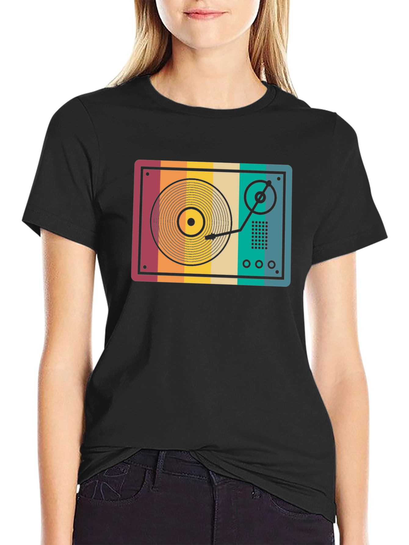 Black Retro Vinyl Record Player Graphic T-Shirt view 2
