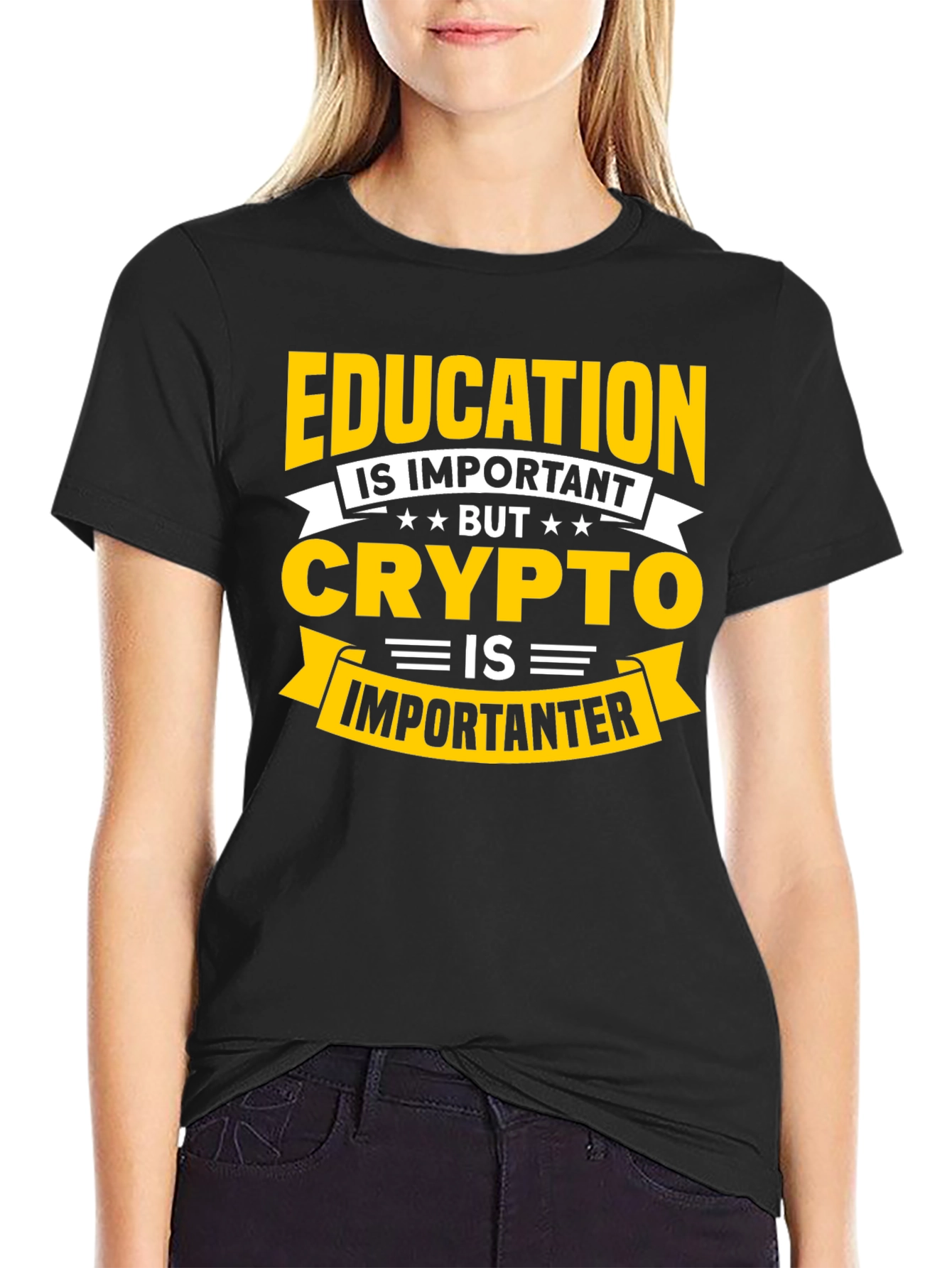 Black Crypto Humor T-Shirt: Education is Important But Crypto is Importanter view 2