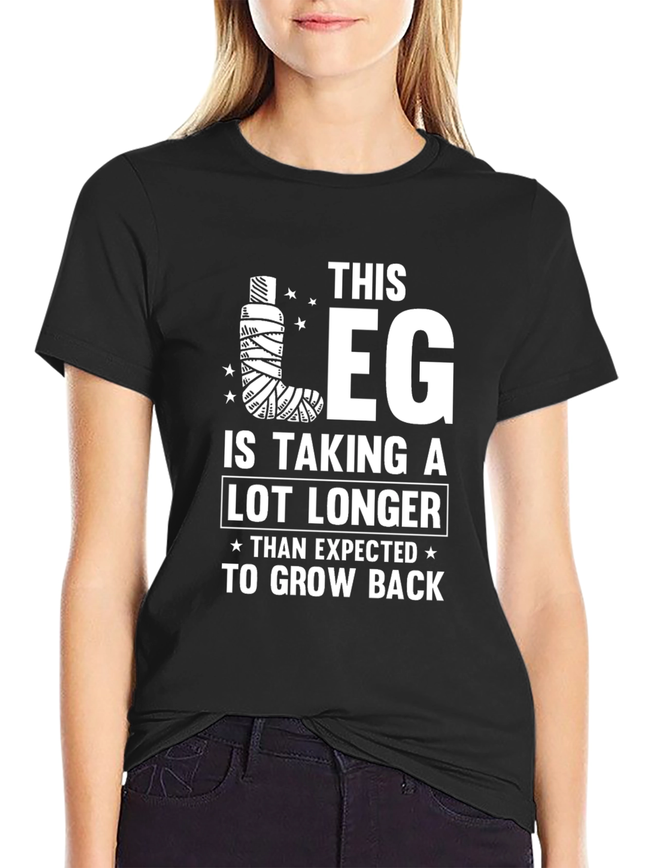 Black Humorous Leg Injury T-Shirt - Grow Back Recovery Tee view 2
