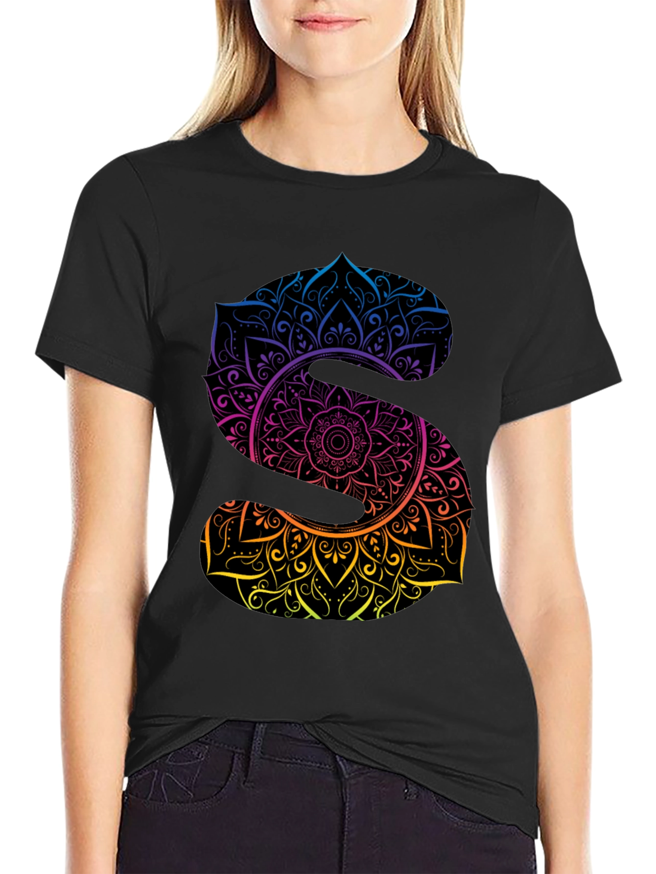 Black Mandala Letter S Graphic Black T-Shirt view 2