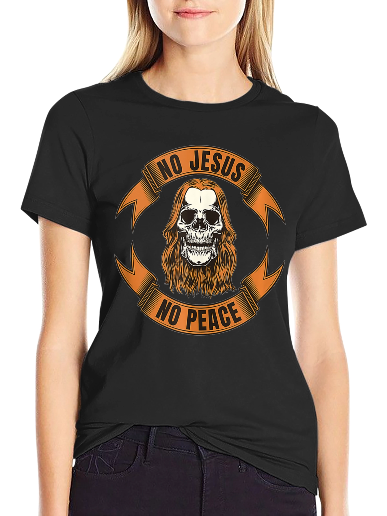 Black No Jesus No Peace Skull Graphic Tee - Black view 2