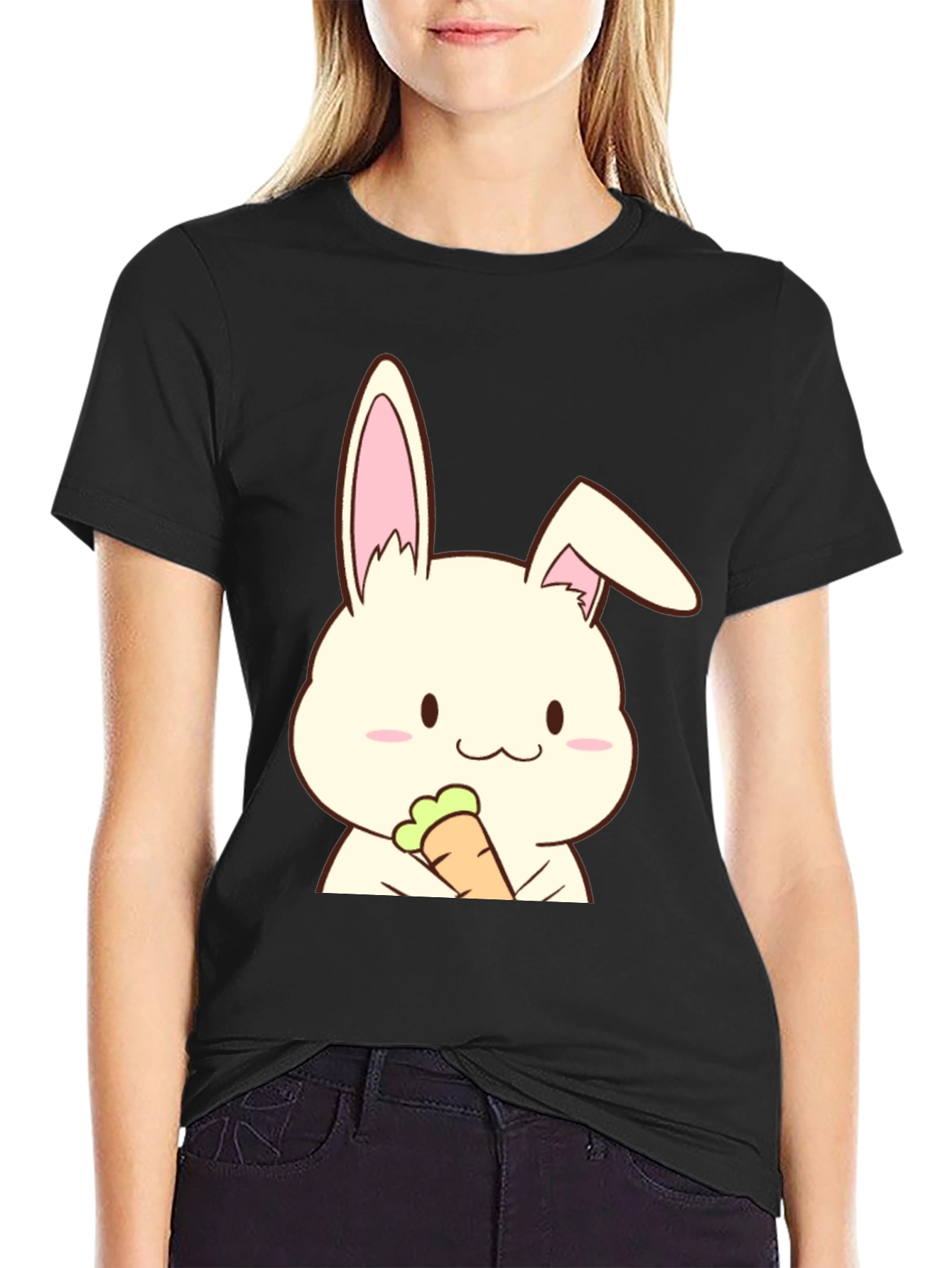 Black Cute Rabbit Holding Carrot Graphic T-Shirt view 2