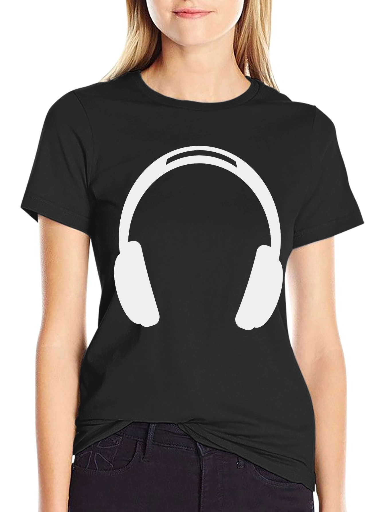 Black Headphones Graphic Tee - Black Cotton Casual Wear view 2