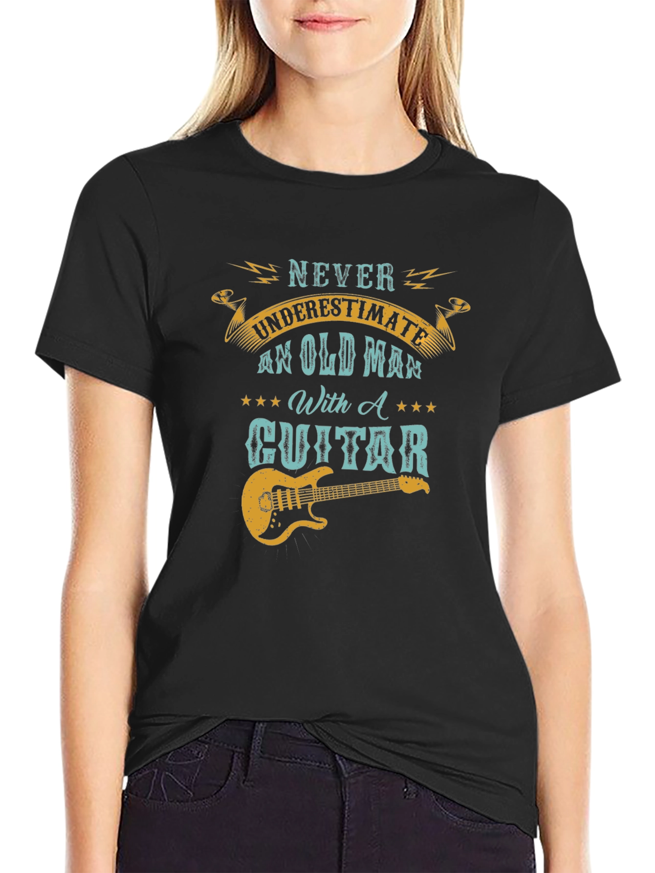 Black Never Underestimate Old Man With Guitar T-Shirt view 2