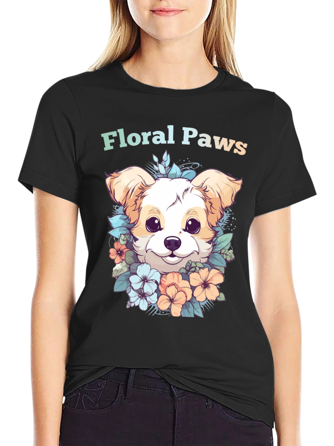 Black Floral Paws Dog Graphic Tee - Cute Puppy Shirt view 2