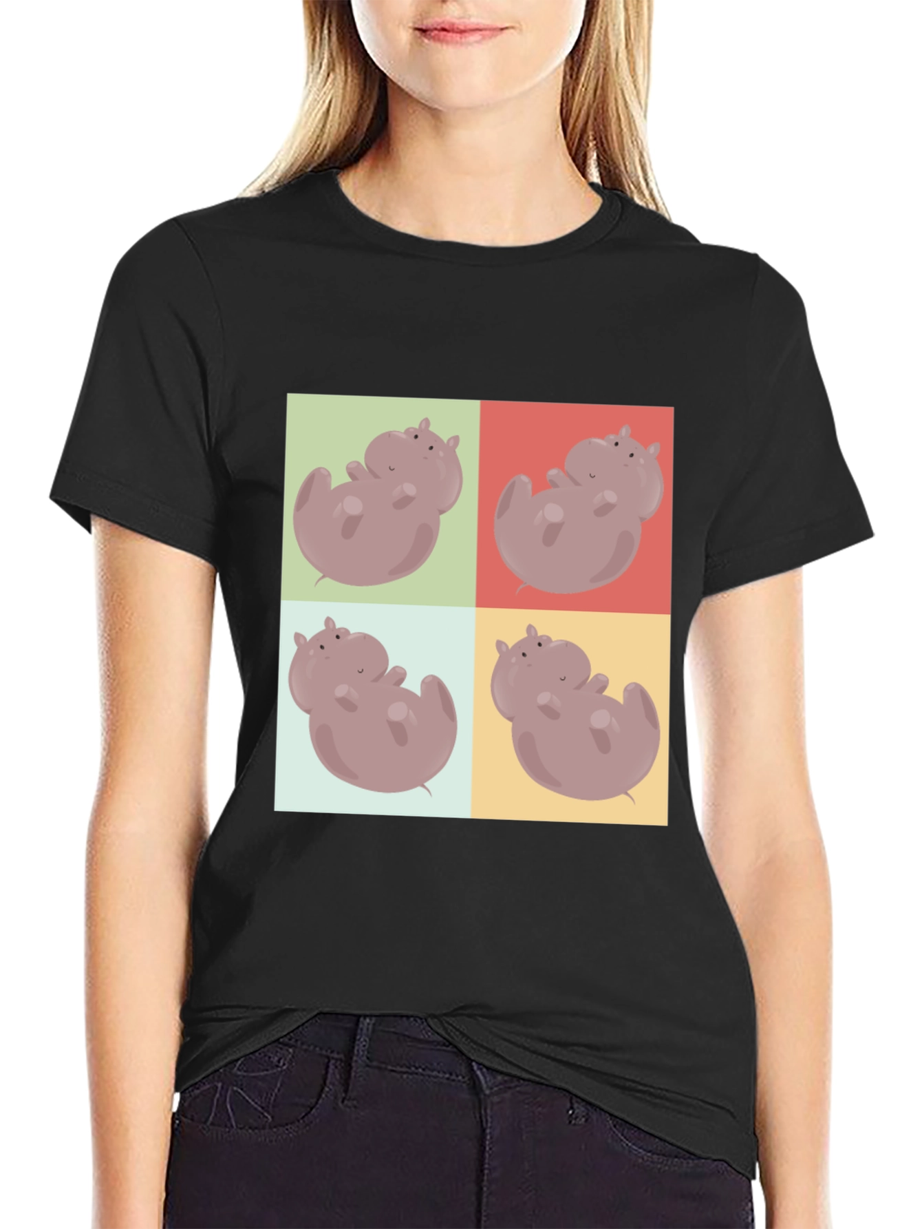 Black Hippo Pop Art Black T-Shirt view 2