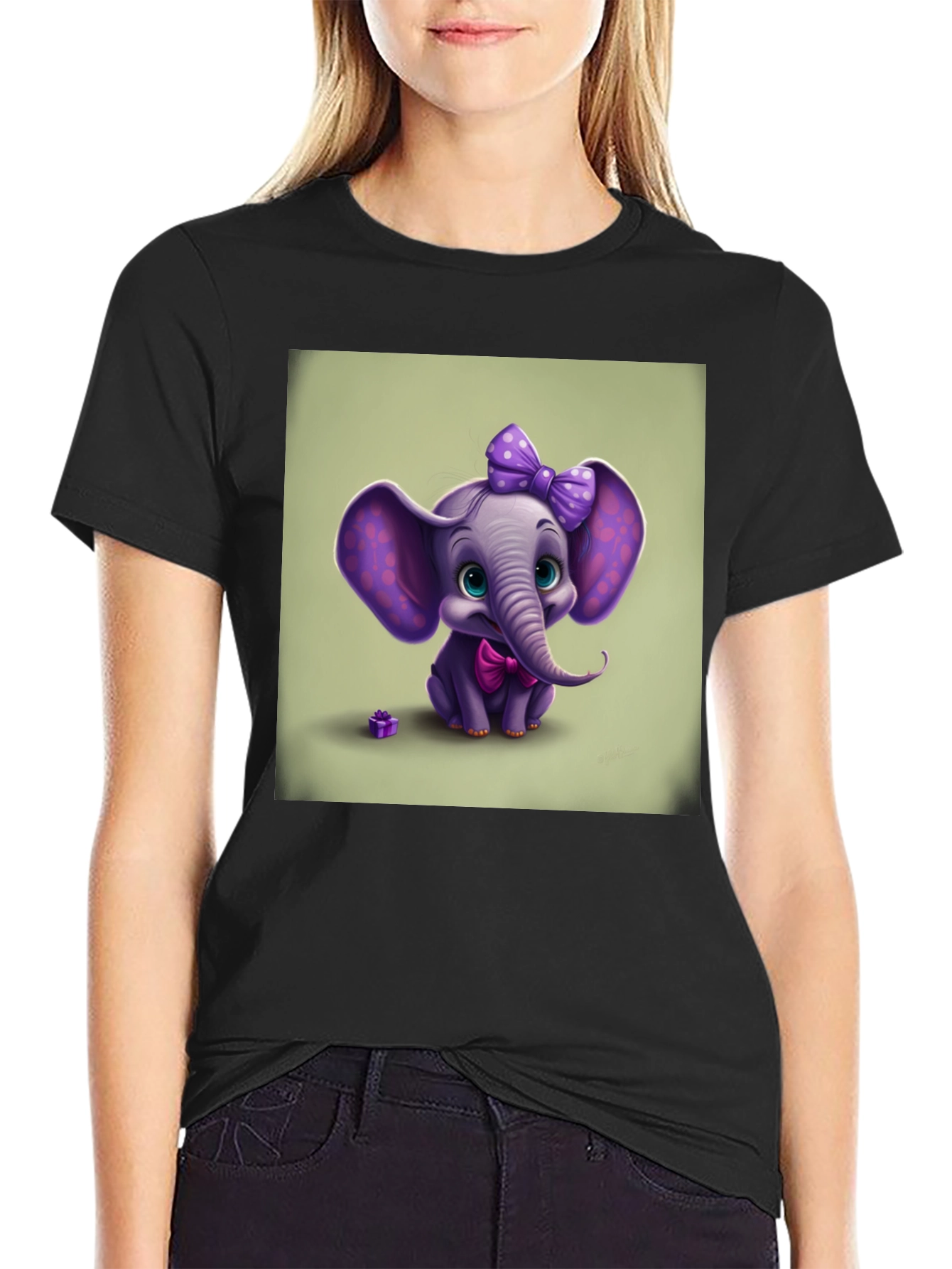 Black Cute Elephant Graphic Tee - Black Cotton Shirt view 2