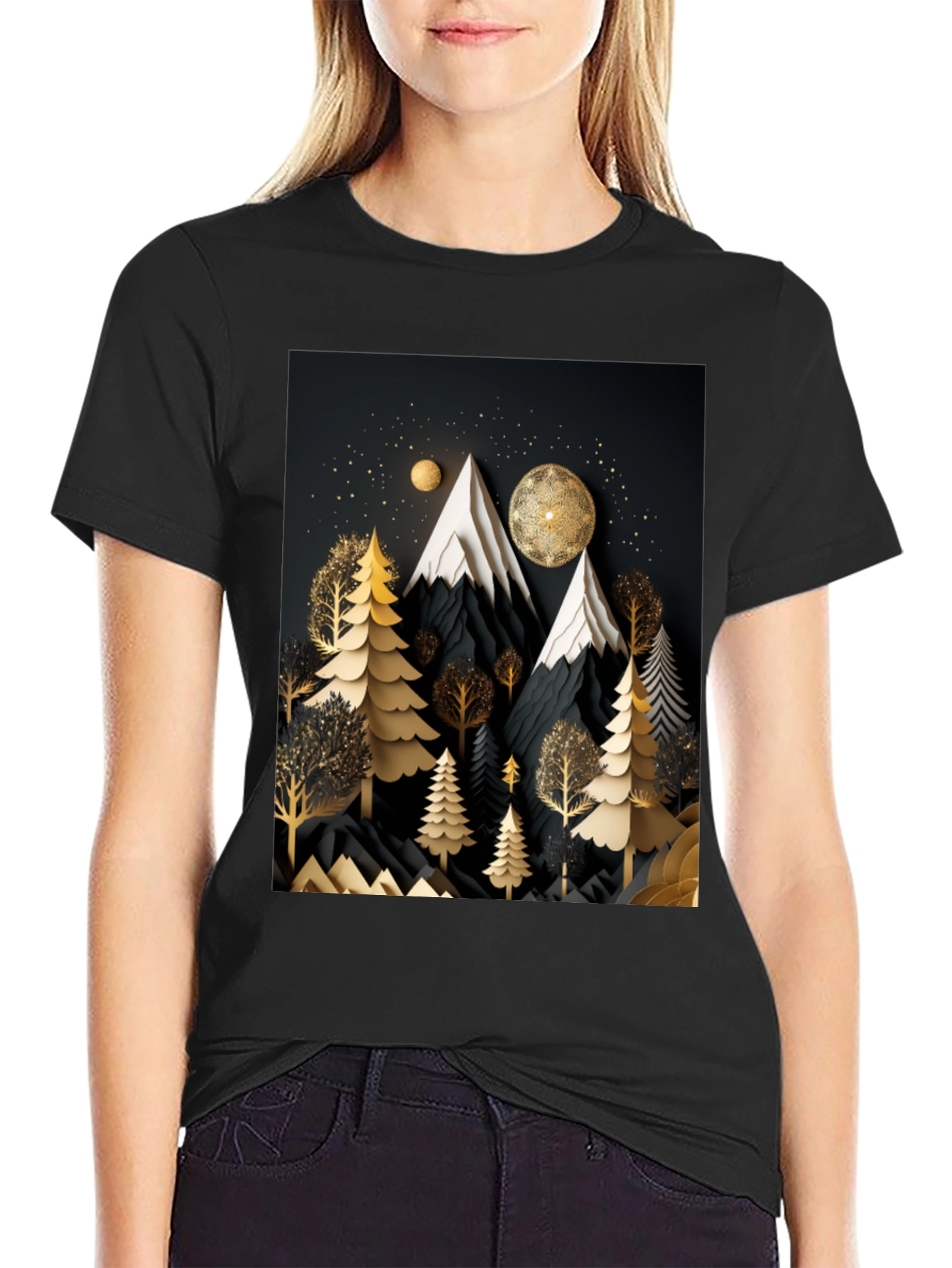 Black Elegant Mountain Forest T-Shirt view 2